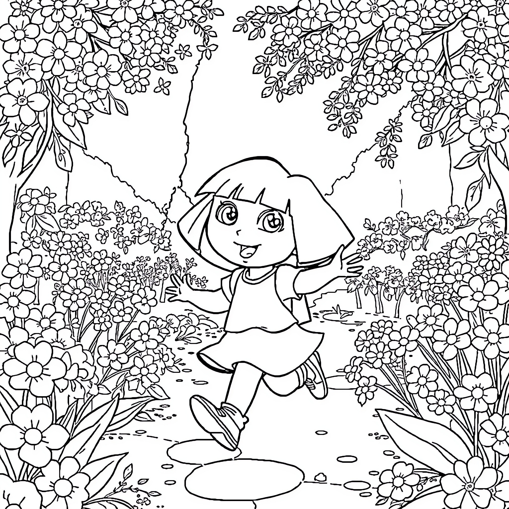 Dora exploring a lush floral garden Coloring Page (free black-and-white line drawing printable PDF for all, from beginners to advanced learners, including children, teens, adults, and seniors)