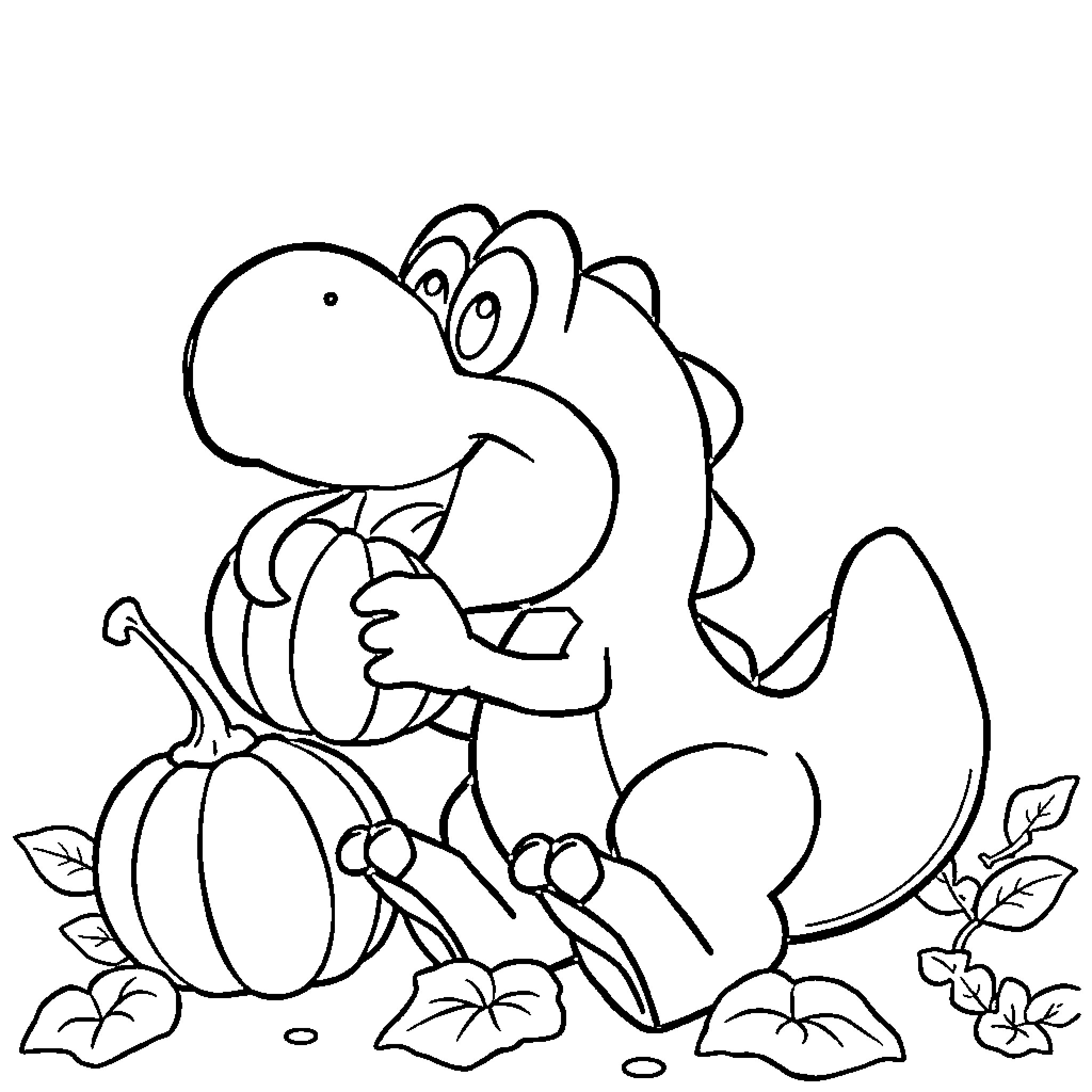 Yoshi Enjoys Autumn Harvest Coloring Page (free black-and-white line drawing printable PDF for all, from beginners to advanced learners, including children, teens, adults, and seniors)