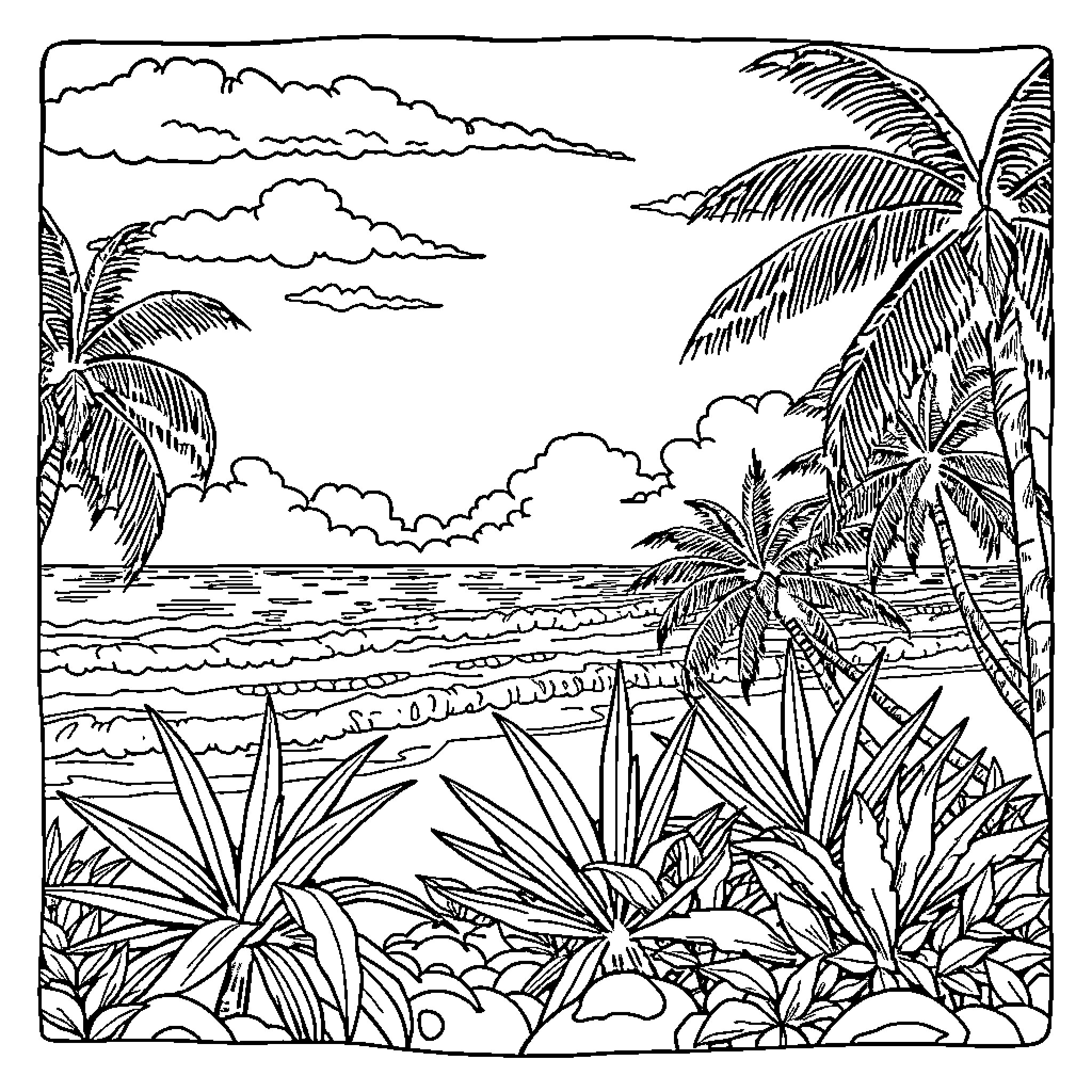 Beach Scenery with Palm Trees and Tropical Foliage Coloring Page (free black-and-white line drawing printable PDF for all, from beginners to advanced learners, including children, teens, adults, and seniors)