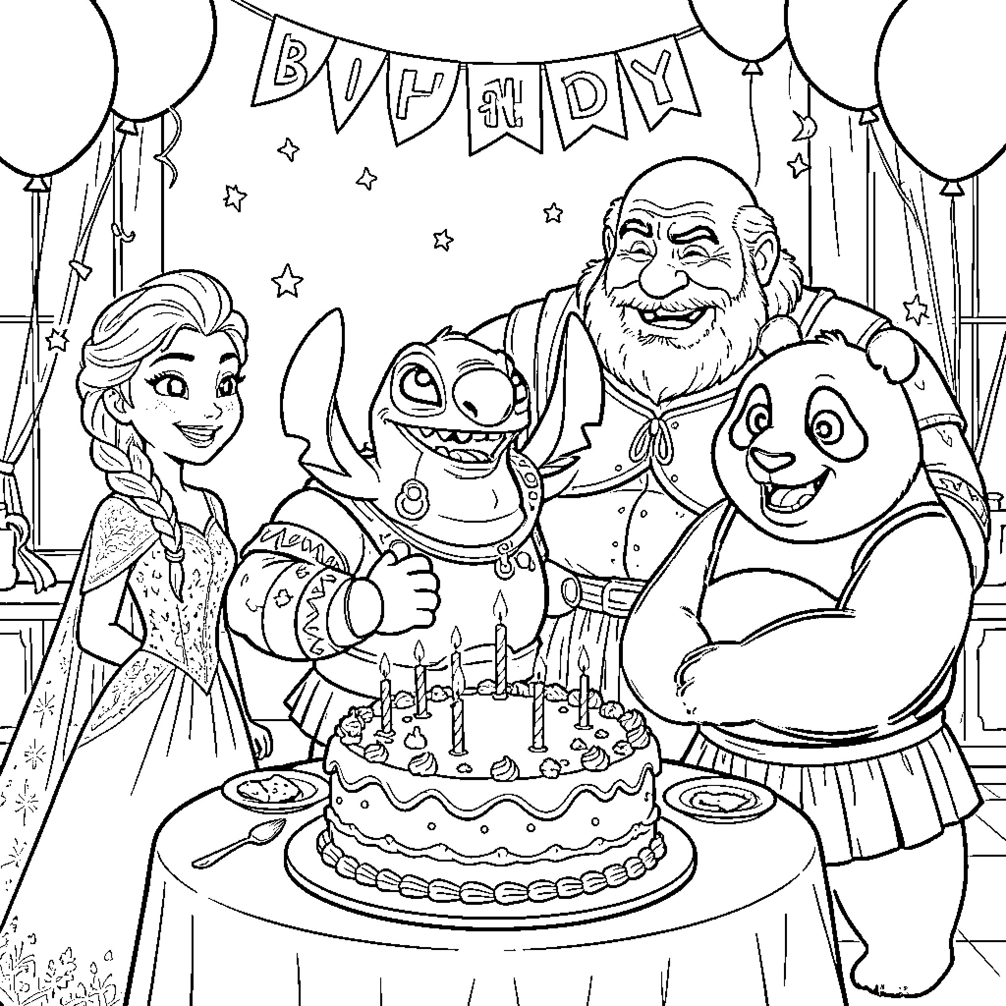Elsa celebrating a birthday with friends around a cake Coloring Page (free black-and-white line drawing printable PDF for all, from beginners to advanced learners, including children, teens, adults, and seniors)