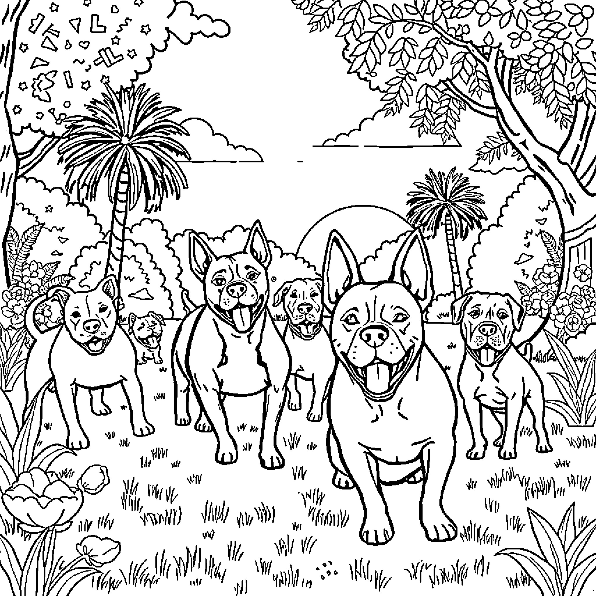 Pitbull dogs enjoying a lush tropical landscape Coloring Page (free black-and-white line drawing printable PDF for all, from beginners to advanced learners, including children, teens, adults, and seniors)