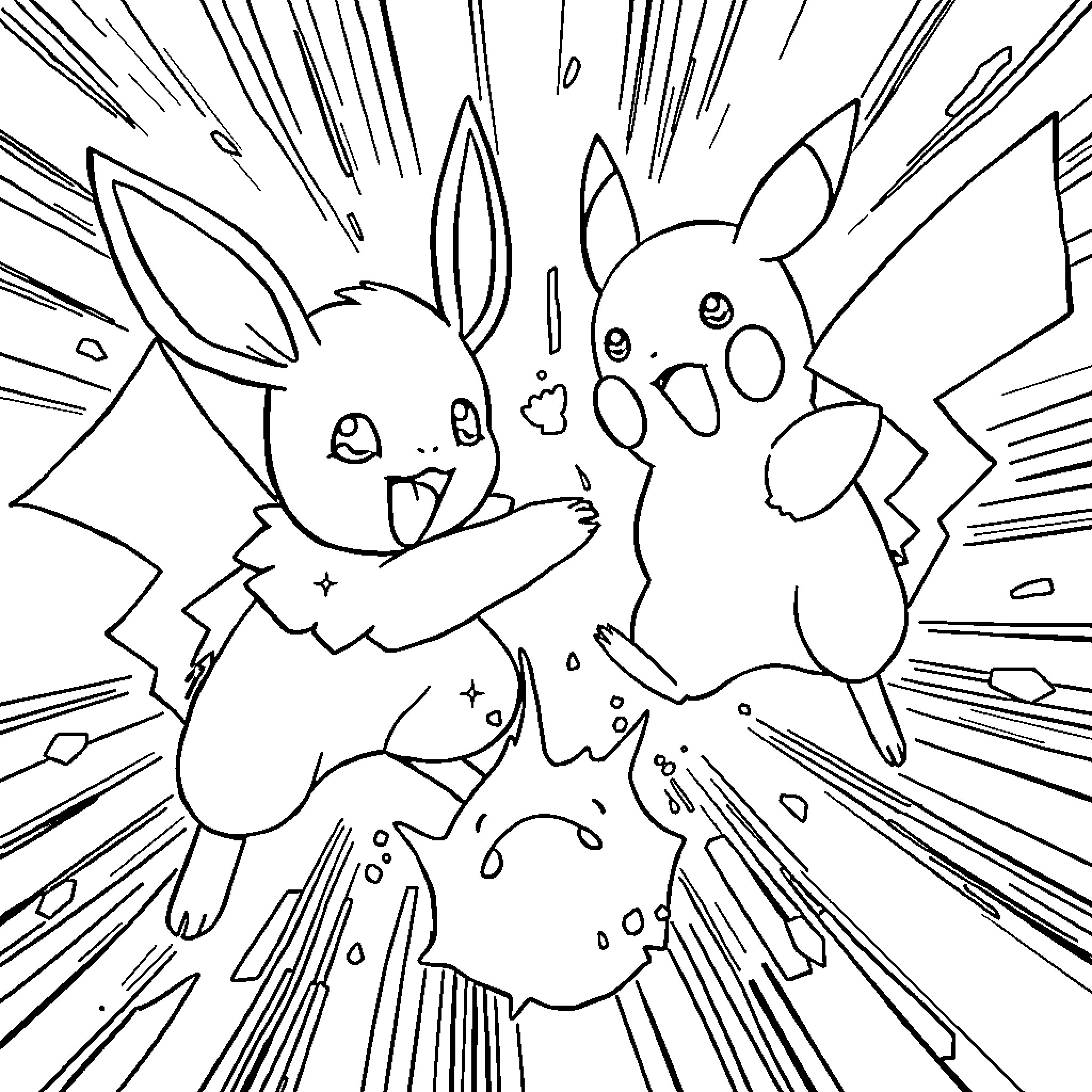 Pokémon characters in an energetic action scene Coloring Page (free black-and-white line drawing printable PDF for all, from beginners to advanced learners, including children, teens, adults, and seniors)