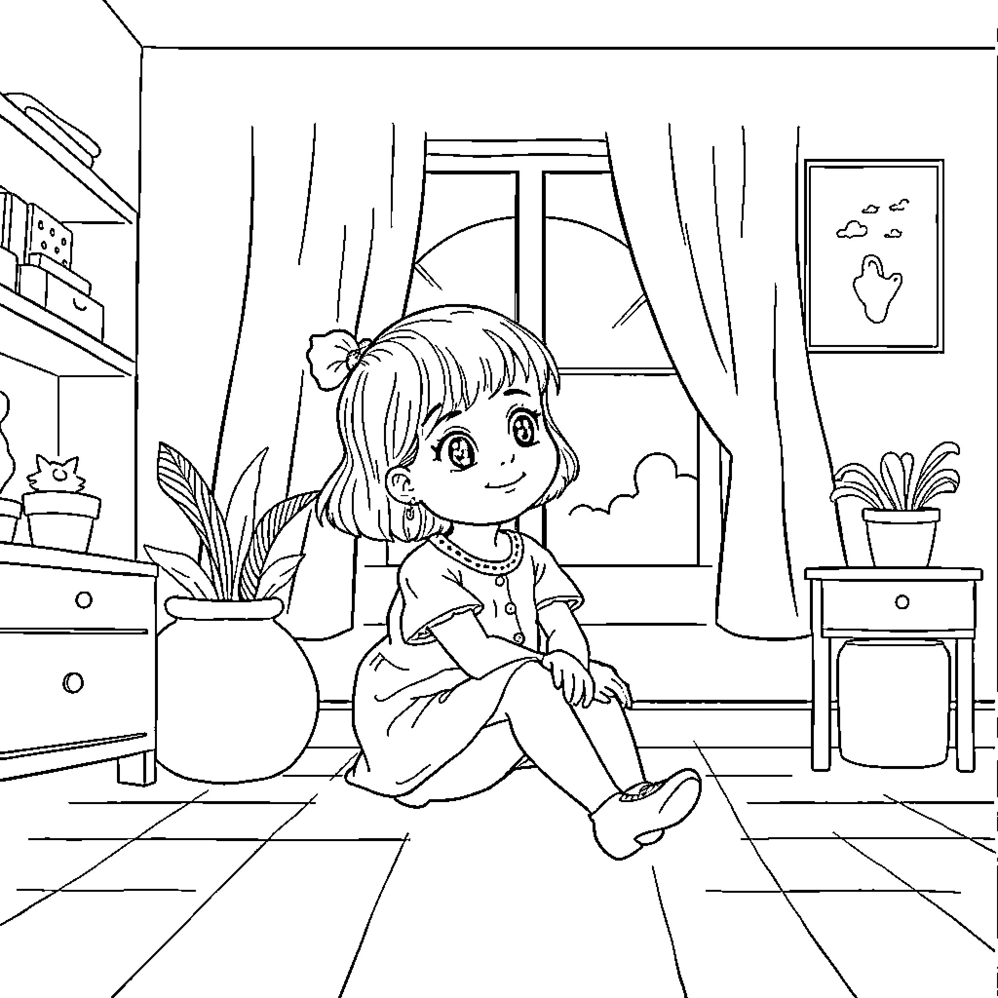 Girl sitting in contemplative pose in cozy room Coloring Page (free black-and-white line drawing printable PDF for all, from beginners to advanced learners, including children, teens, adults, and seniors)