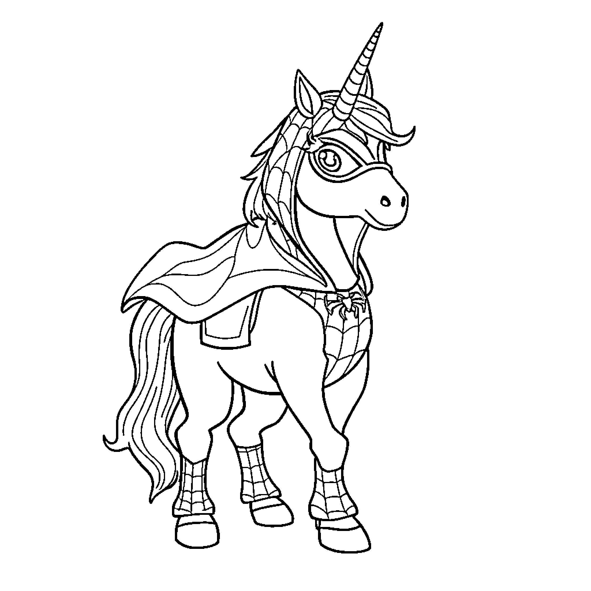 Unicorn Spiderman in superhero costume Coloring Page (free black-and-white line drawing printable PDF for all, from beginners to advanced learners, including children, teens, adults, and seniors)