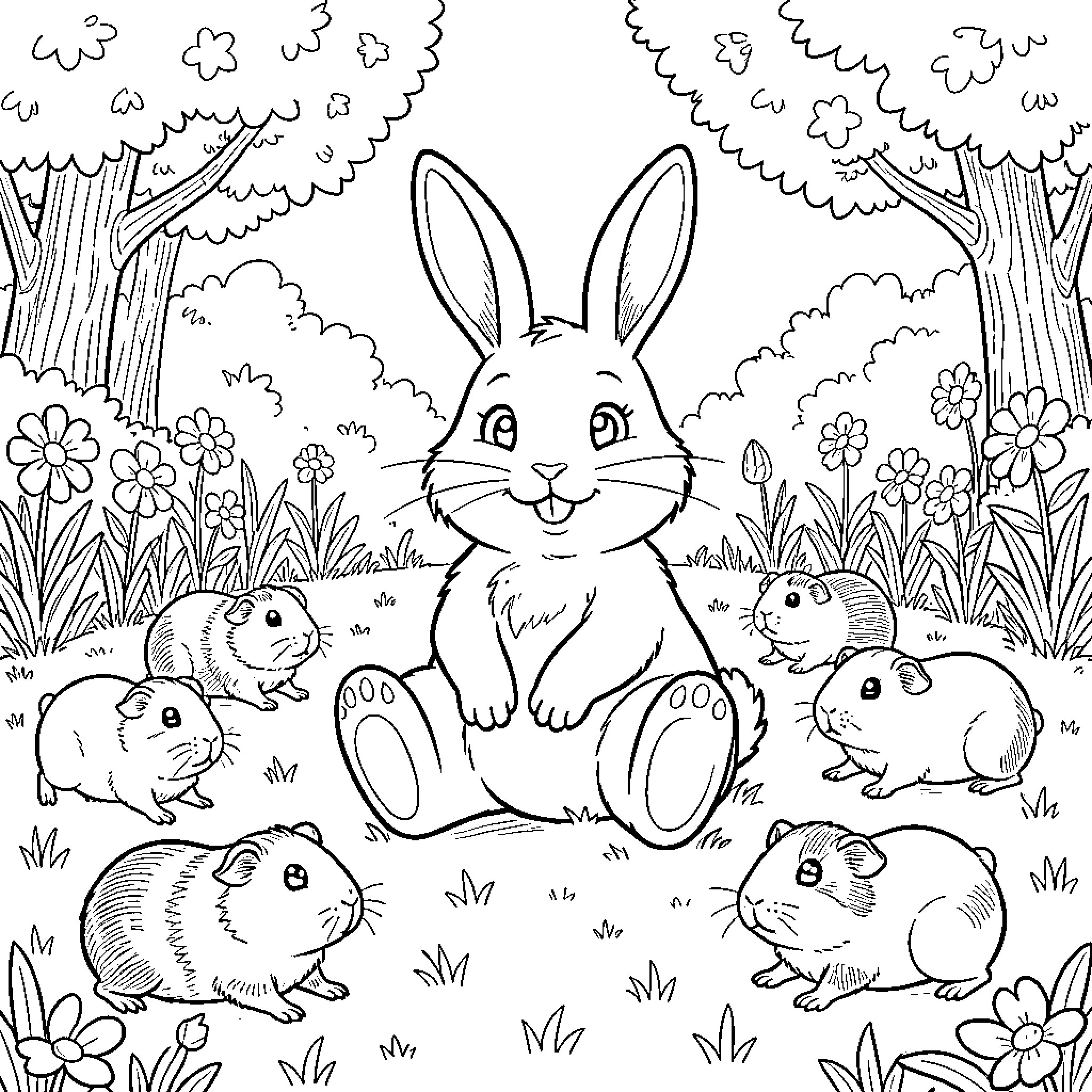 Easter Bunny surrounded by playful bunnies in nature Coloring Page (free black-and-white line drawing printable PDF for all, from beginners to advanced learners, including children, teens, adults, and seniors)