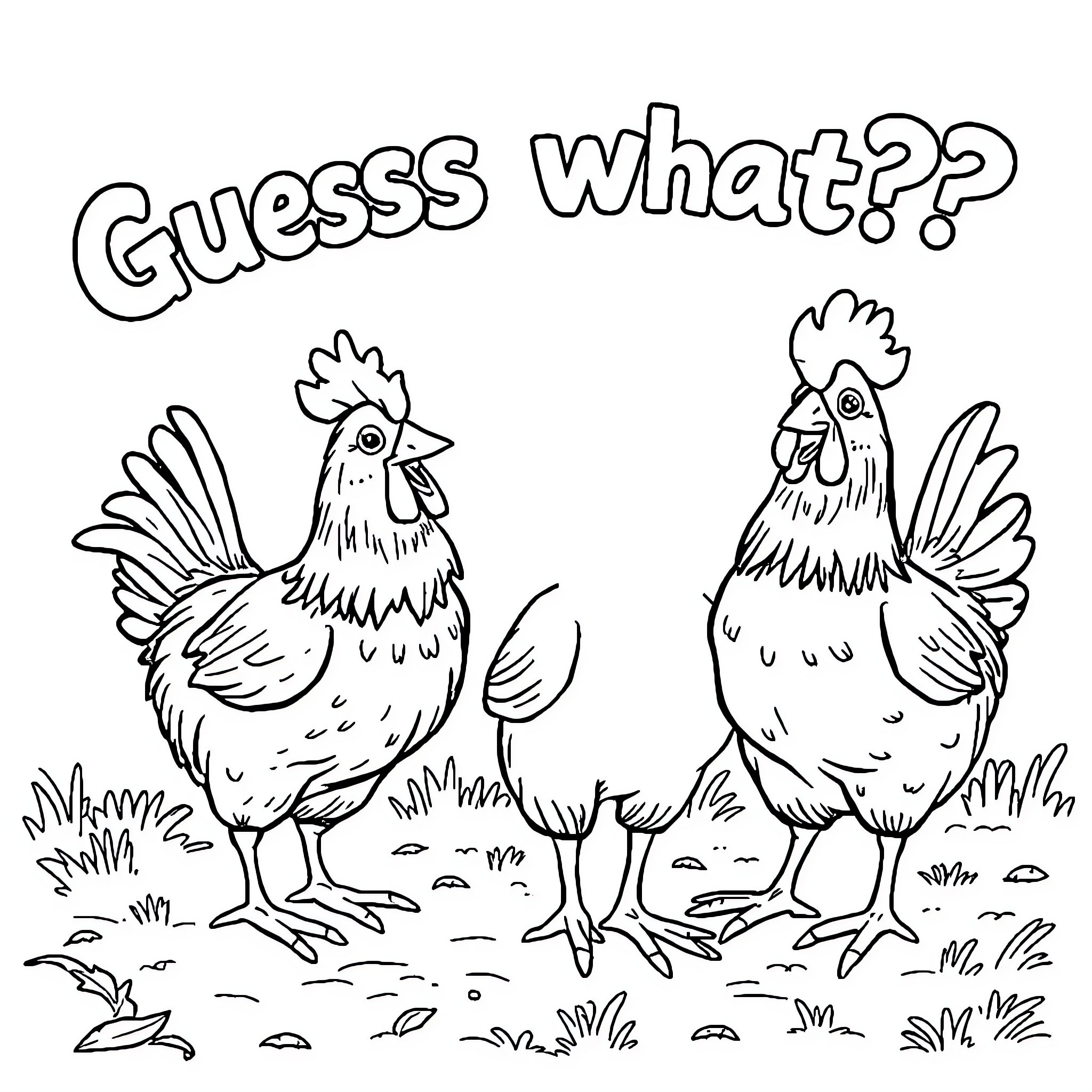 Chicken duo guessing what's happening Coloring Page (free black-and-white line drawing printable PDF for all, from beginners to advanced learners, including children, teens, adults, and seniors)