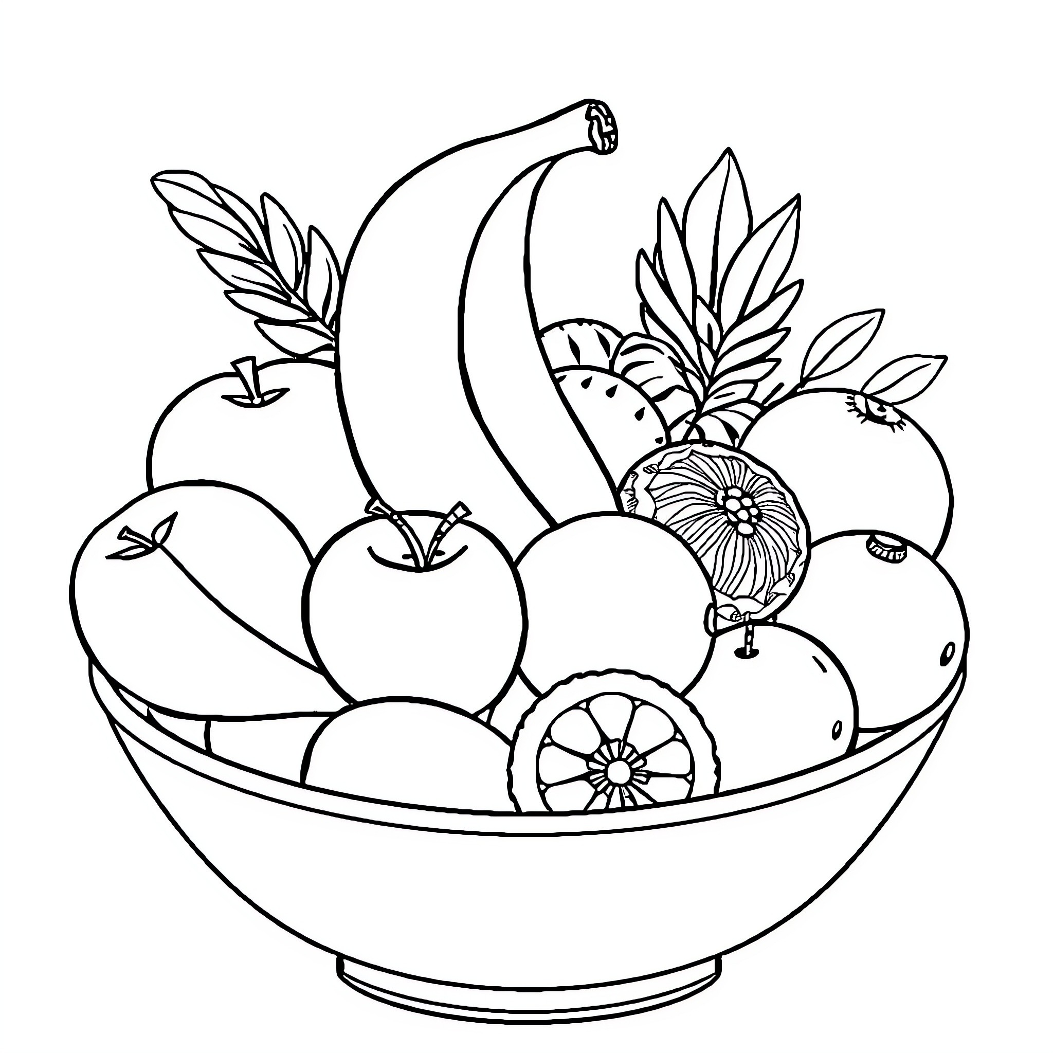 Fruit Assortment in Bowl Coloring Page (free black-and-white line drawing printable PDF for all, from beginners to advanced learners, including children, teens, adults, and seniors)