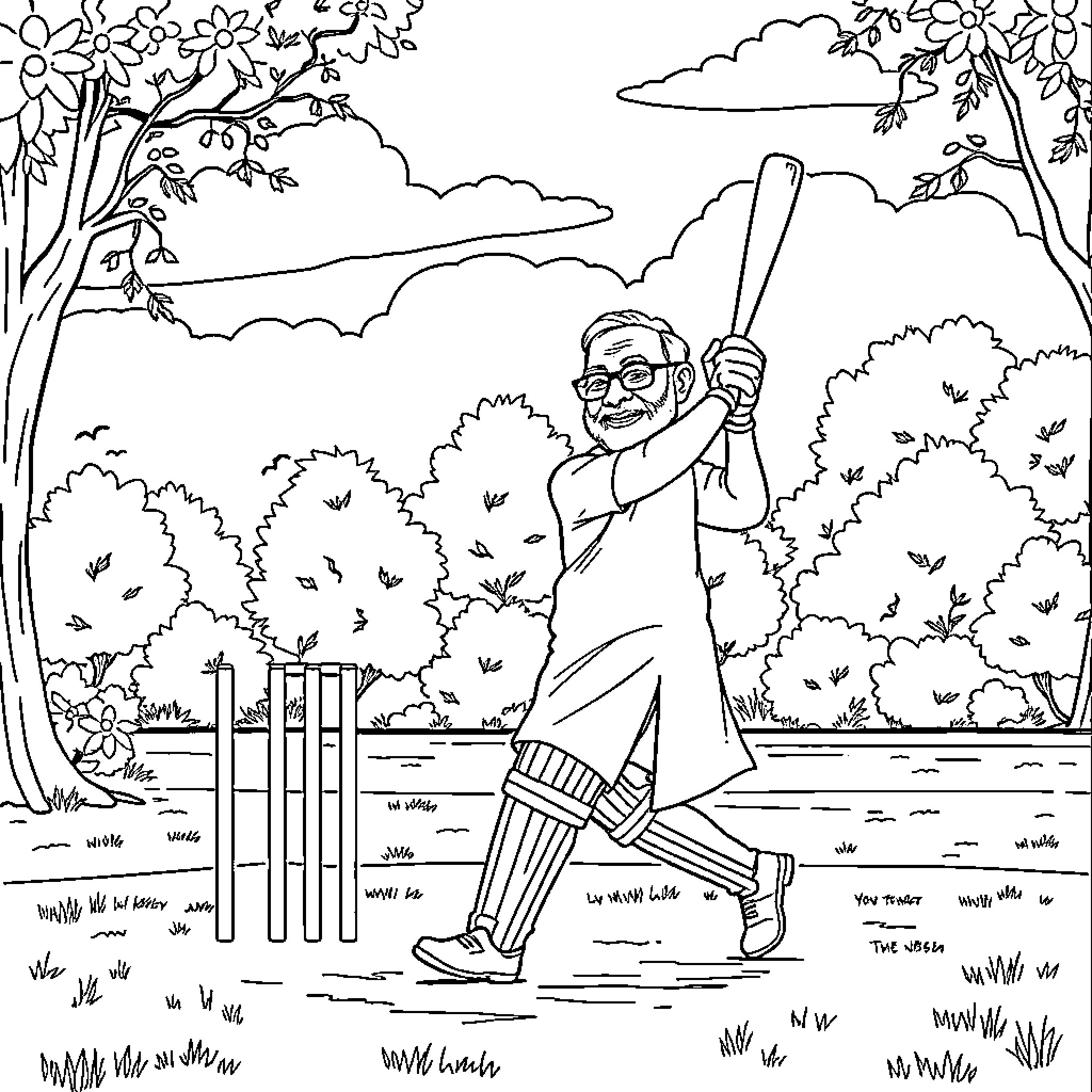 Modi playing cricket in the park Coloring Page (free black-and-white line drawing printable PDF for all, from beginners to advanced learners, including children, teens, adults, and seniors)