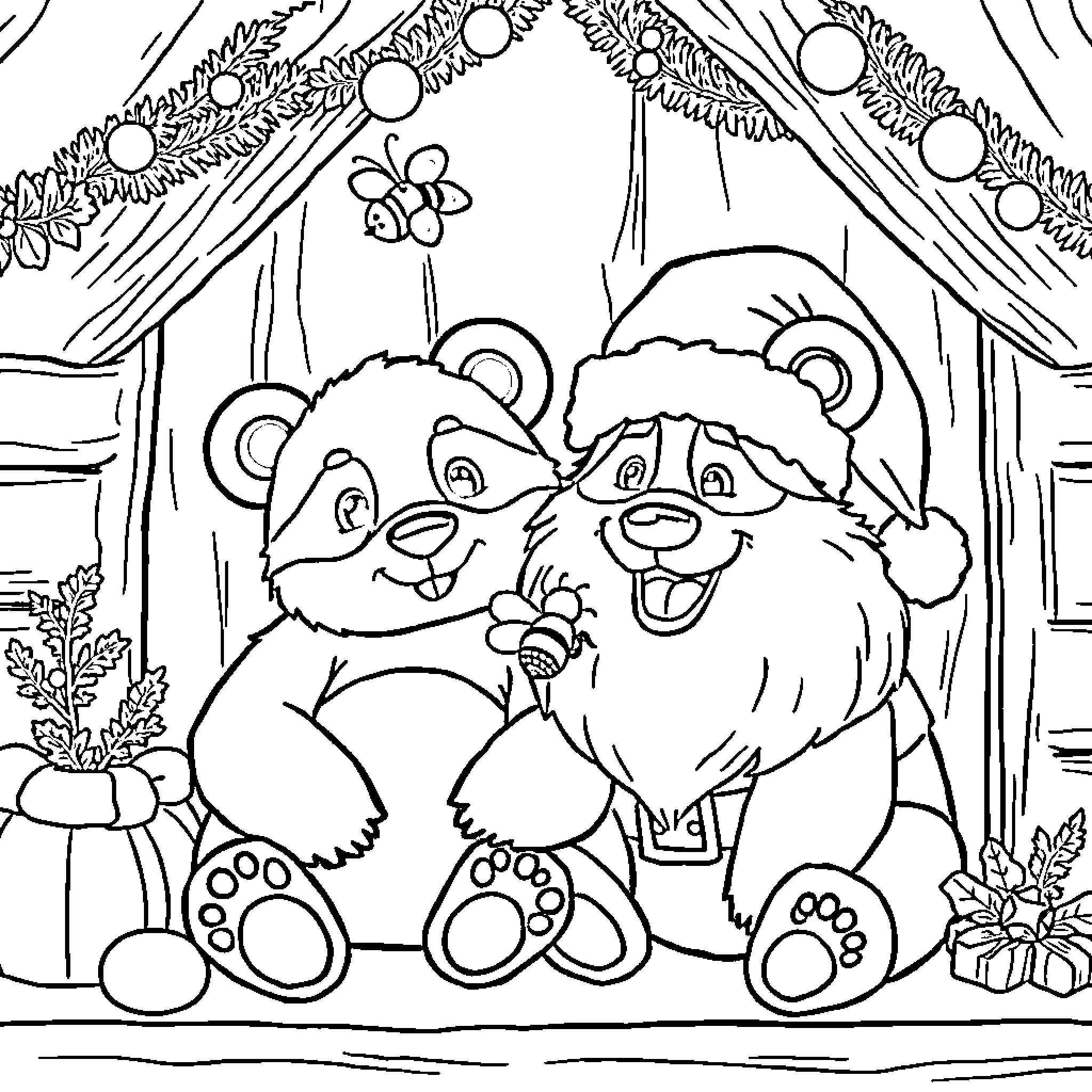 Panda Bears Celebrating Christmas in a Festive Scene Coloring Page (free black-and-white line drawing printable PDF for all, from beginners to advanced learners, including children, teens, adults, and seniors)