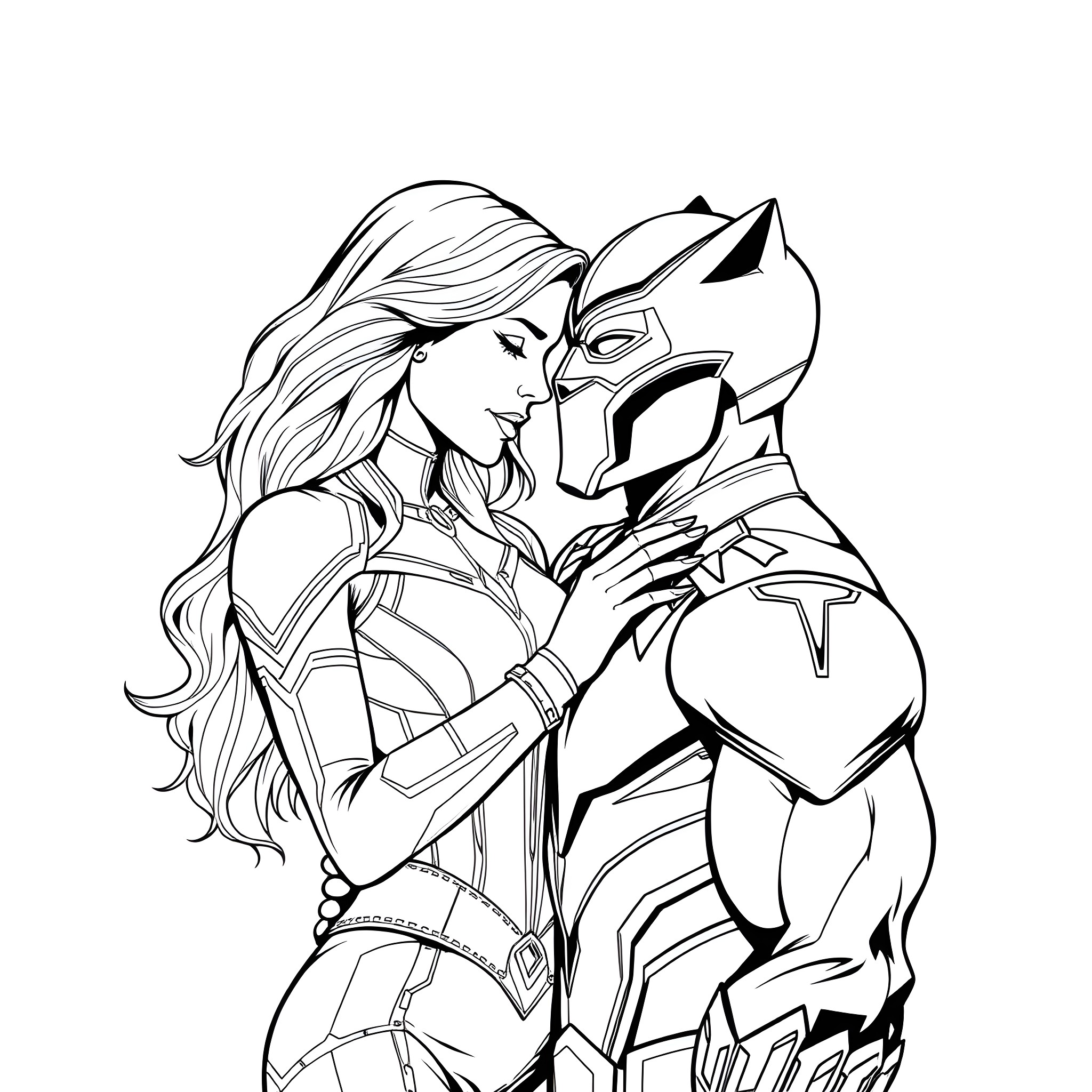 Scarlet Witch in Heroic Embrace with Avenger Coloring Page (free black-and-white line drawing printable PDF for all, from beginners to advanced learners, including children, teens, adults, and seniors)