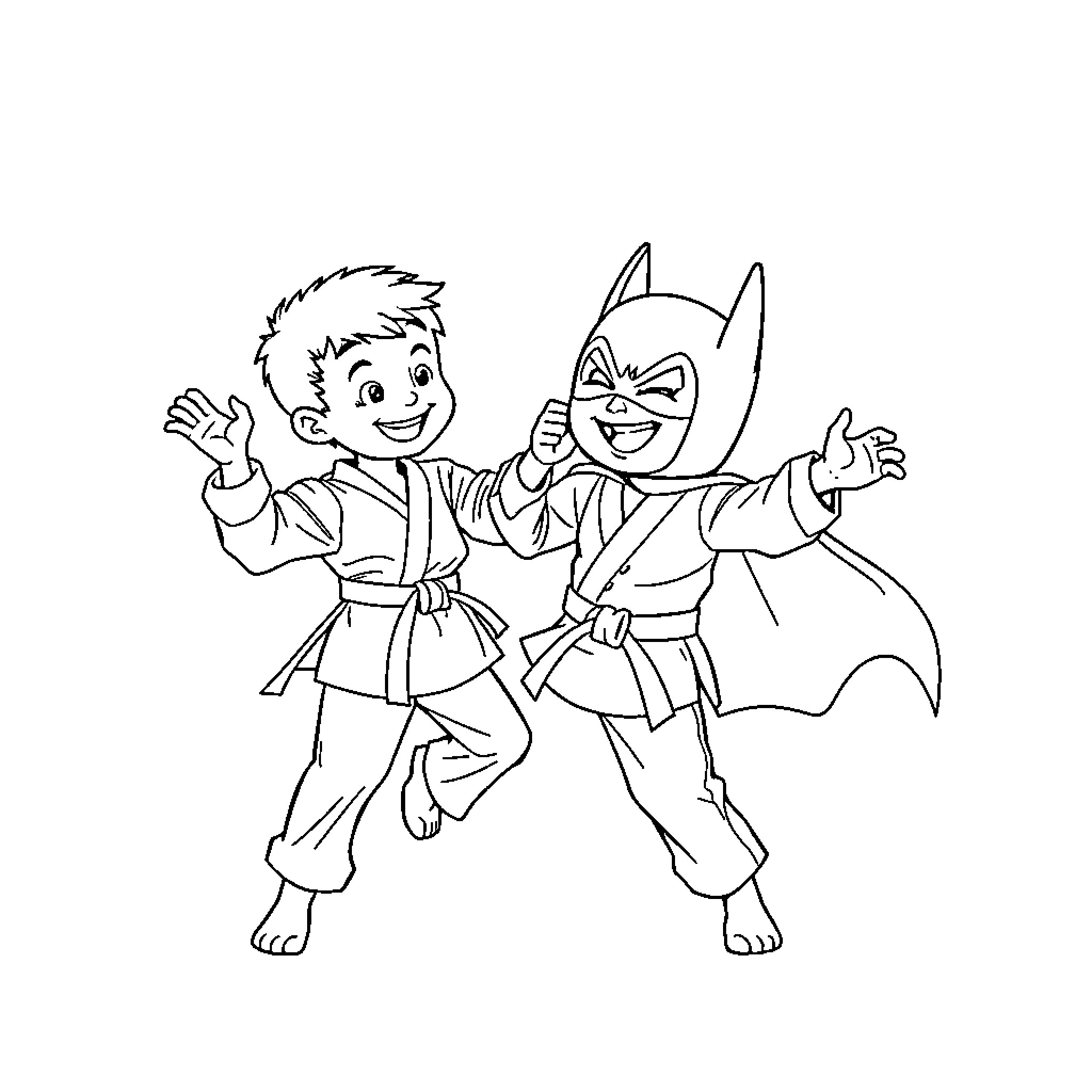 Karate Students Practicing Martial Arts Together Coloring Page (free black-and-white line drawing printable PDF for all, from beginners to advanced learners, including children, teens, adults, and seniors)