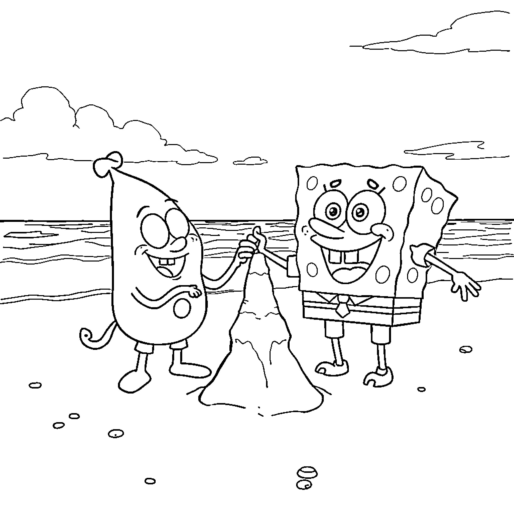 Grogu and SpongeBob playing on the beach Coloring Page (free black-and-white line drawing printable PDF for all, from beginners to advanced learners, including children, teens, adults, and seniors)