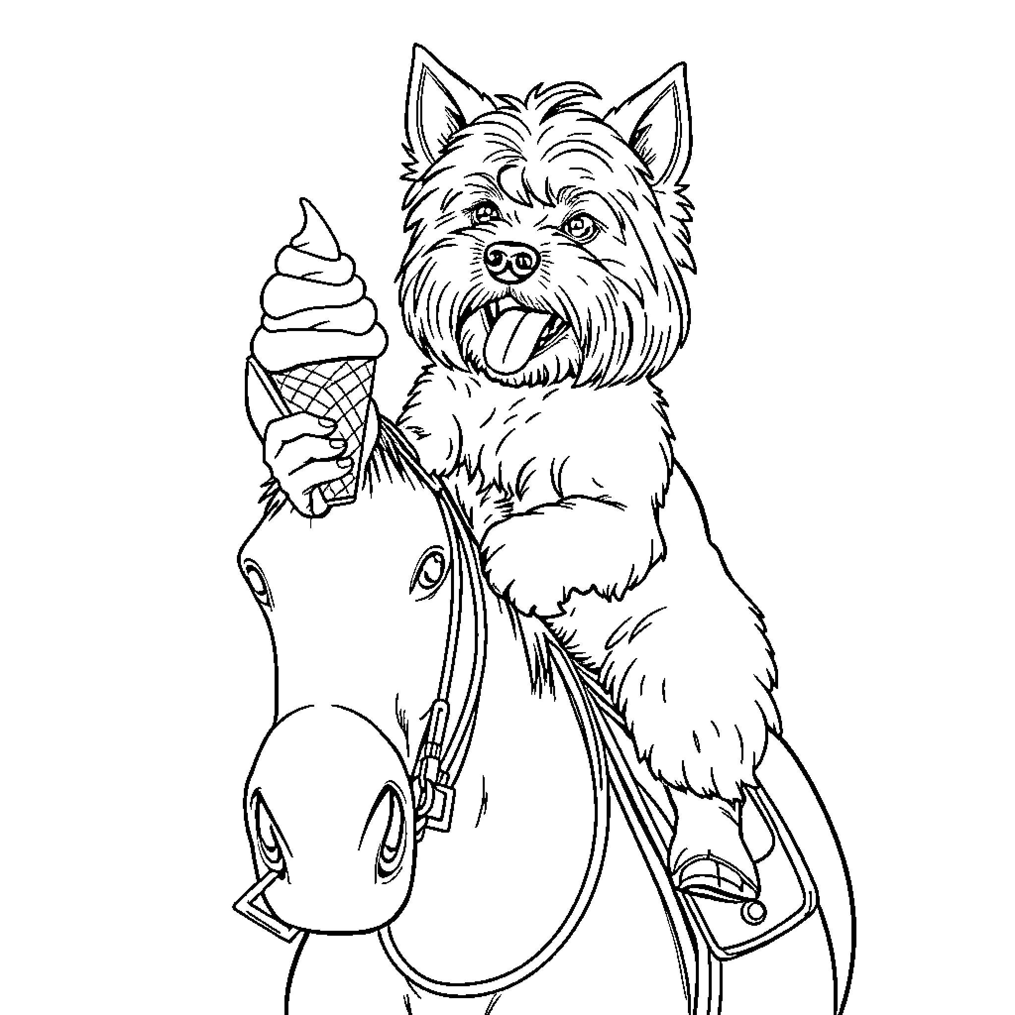 Maltese dog happily enjoying ice cream on a leash Coloring Page (free black-and-white line drawing printable PDF for all, from beginners to advanced learners, including children, teens, adults, and seniors)