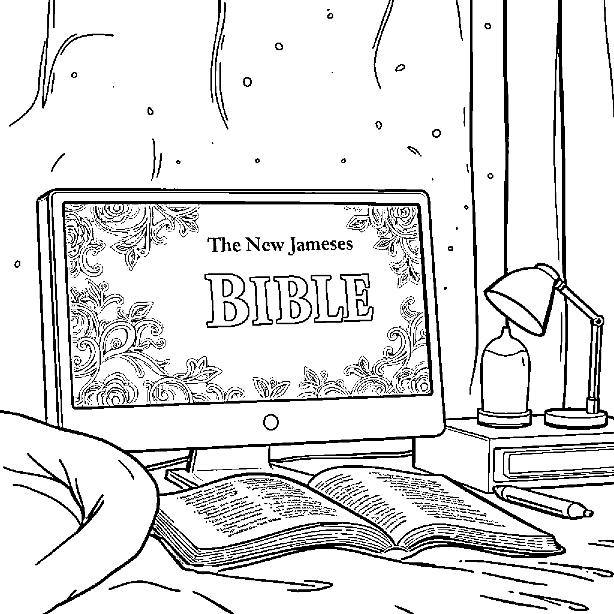 Computer displaying ornate Bible cover on desk Coloring Page (free black-and-white line drawing printable PDF for all, from beginners to advanced learners, including children, teens, adults, and seniors)