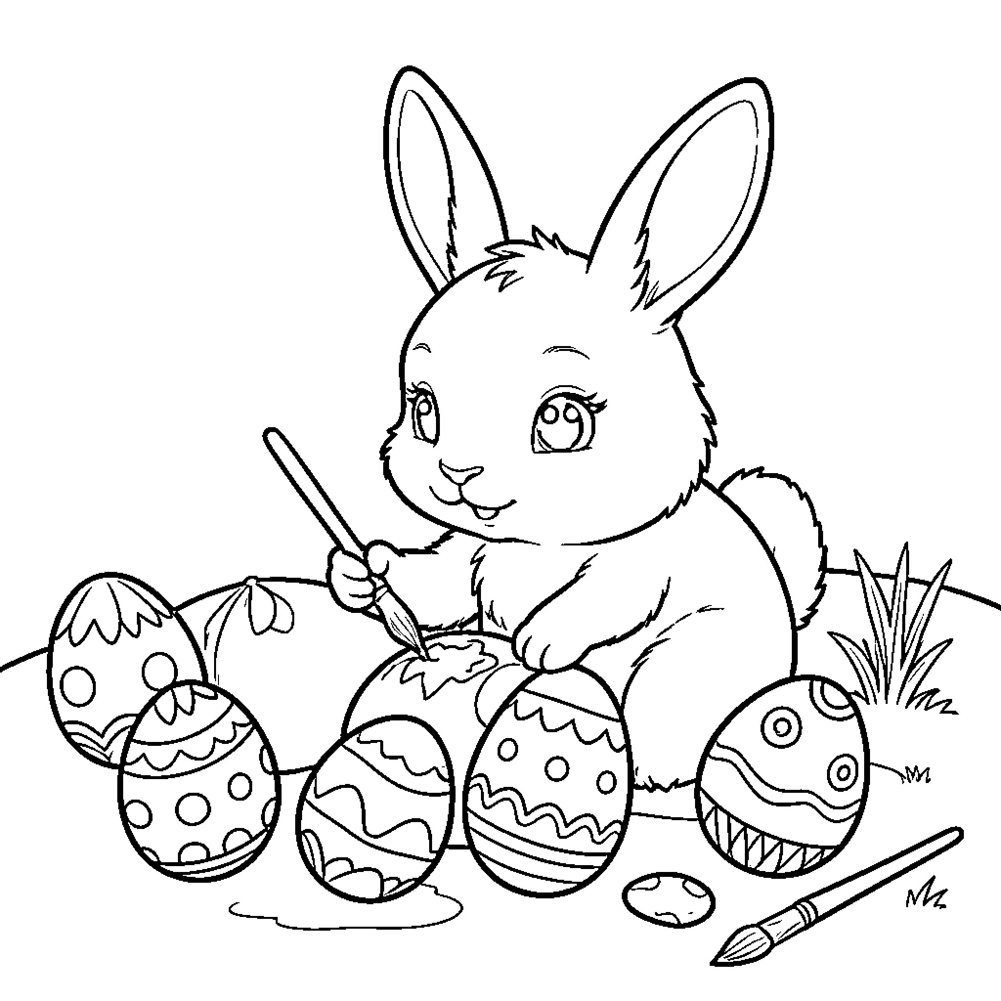 Rabbit decorating Easter eggs with brushes Coloring Page (free black-and-white line drawing printable PDF for all, from beginners to advanced learners, including children, teens, adults, and seniors)