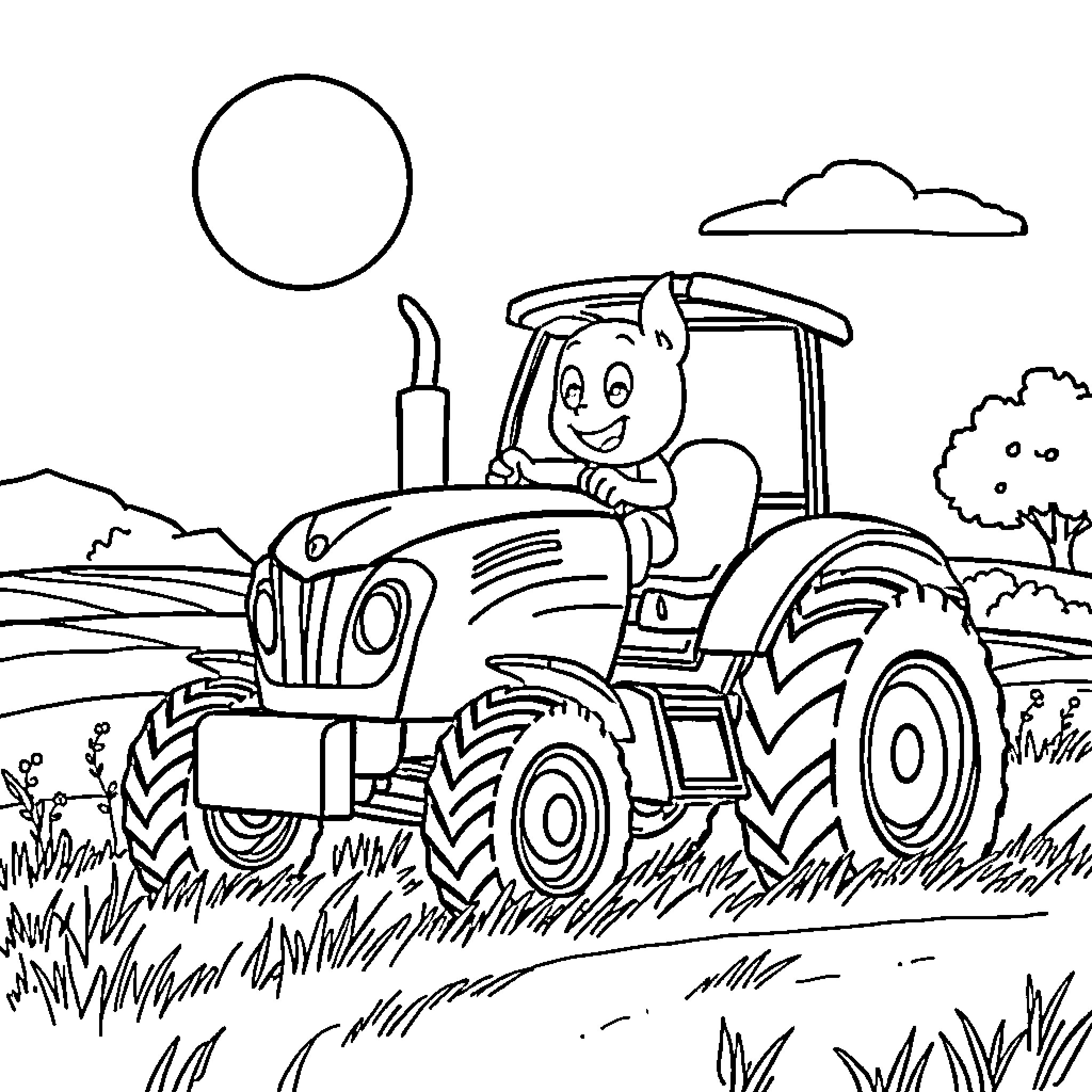 Bluey driving tractor in the countryside Coloring Page (free black-and-white line drawing printable PDF for all, from beginners to advanced learners, including children, teens, adults, and seniors)