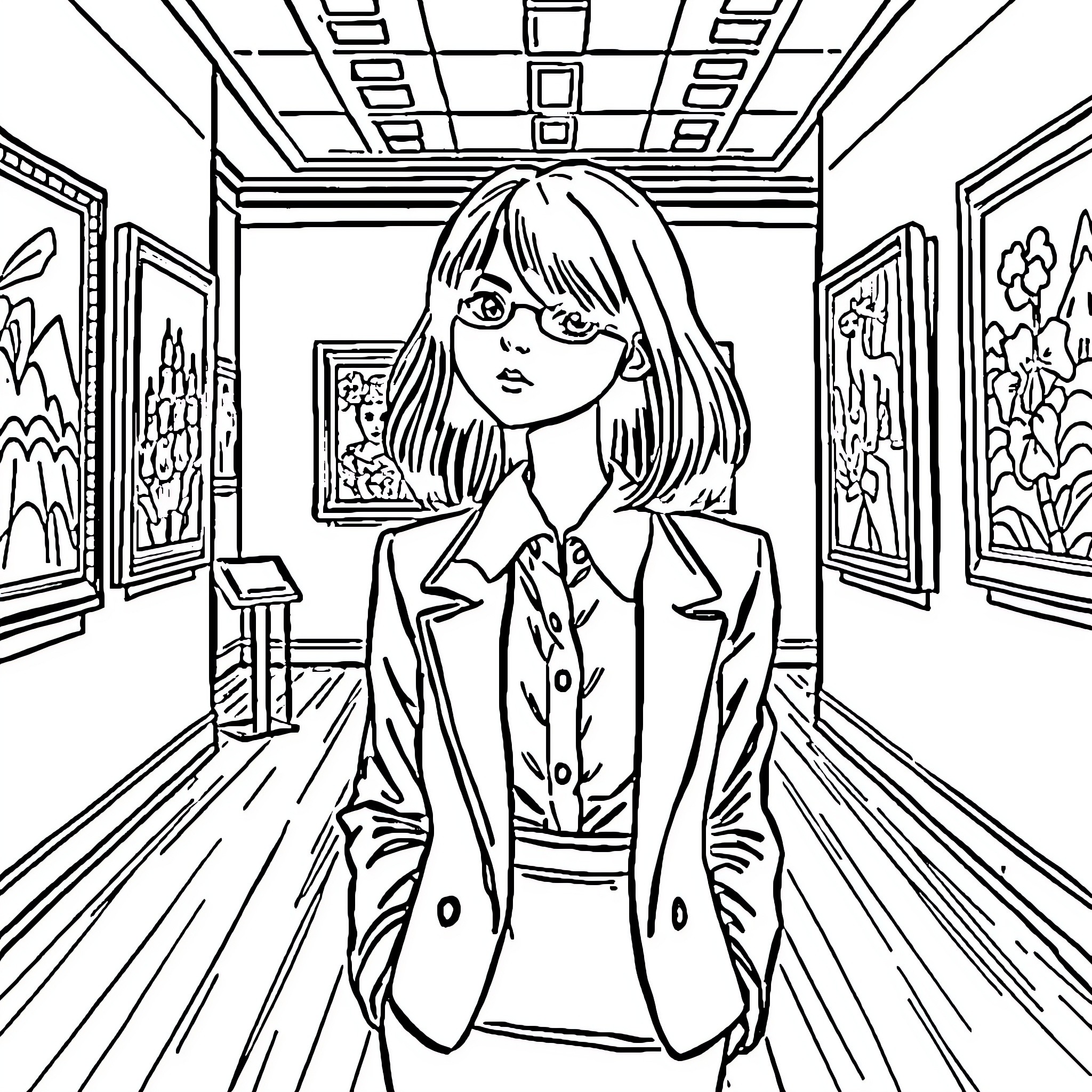 Girl exploring art gallery with serious expression Coloring Page (free black-and-white line drawing printable PDF for all, from beginners to advanced learners, including children, teens, adults, and seniors)