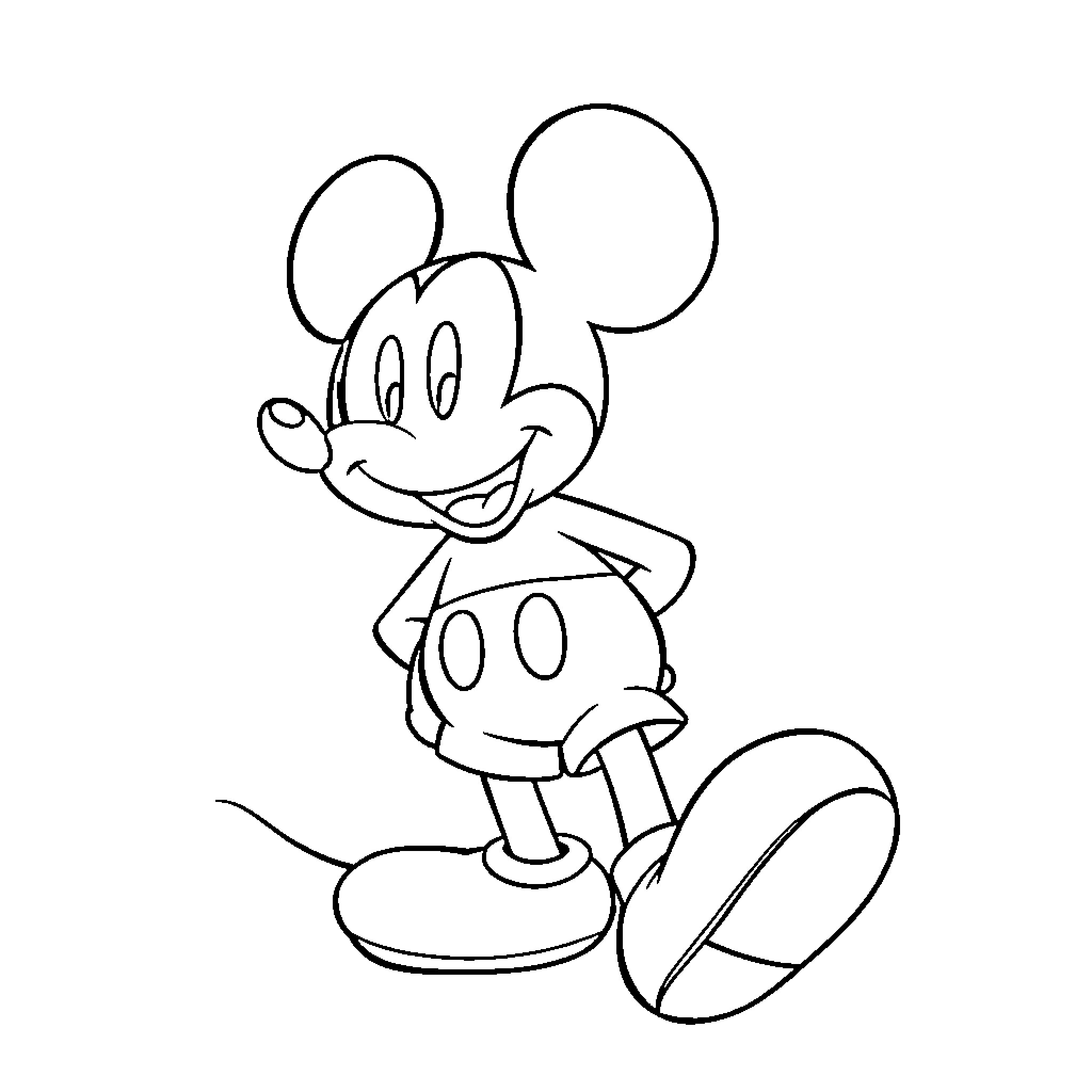 Mickey Mouse in a cheerful pose Coloring Page (free black-and-white line drawing printable PDF for all, from beginners to advanced learners, including children, teens, adults, and seniors)