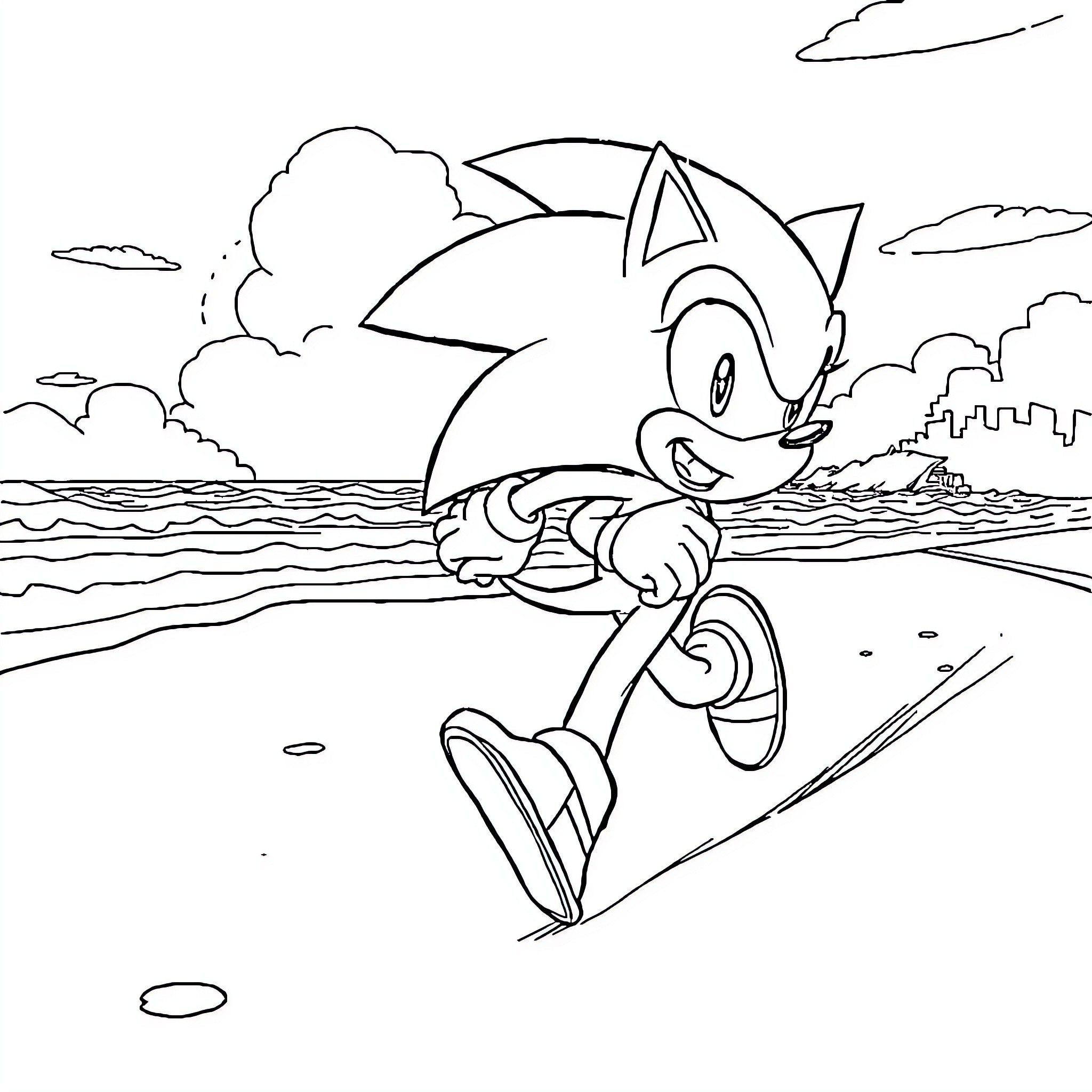 Sonic's Energetic Adventure by the Sea Coloring Page (free black-and-white line drawing printable PDF for all, from beginners to advanced learners, including children, teens, adults, and seniors)