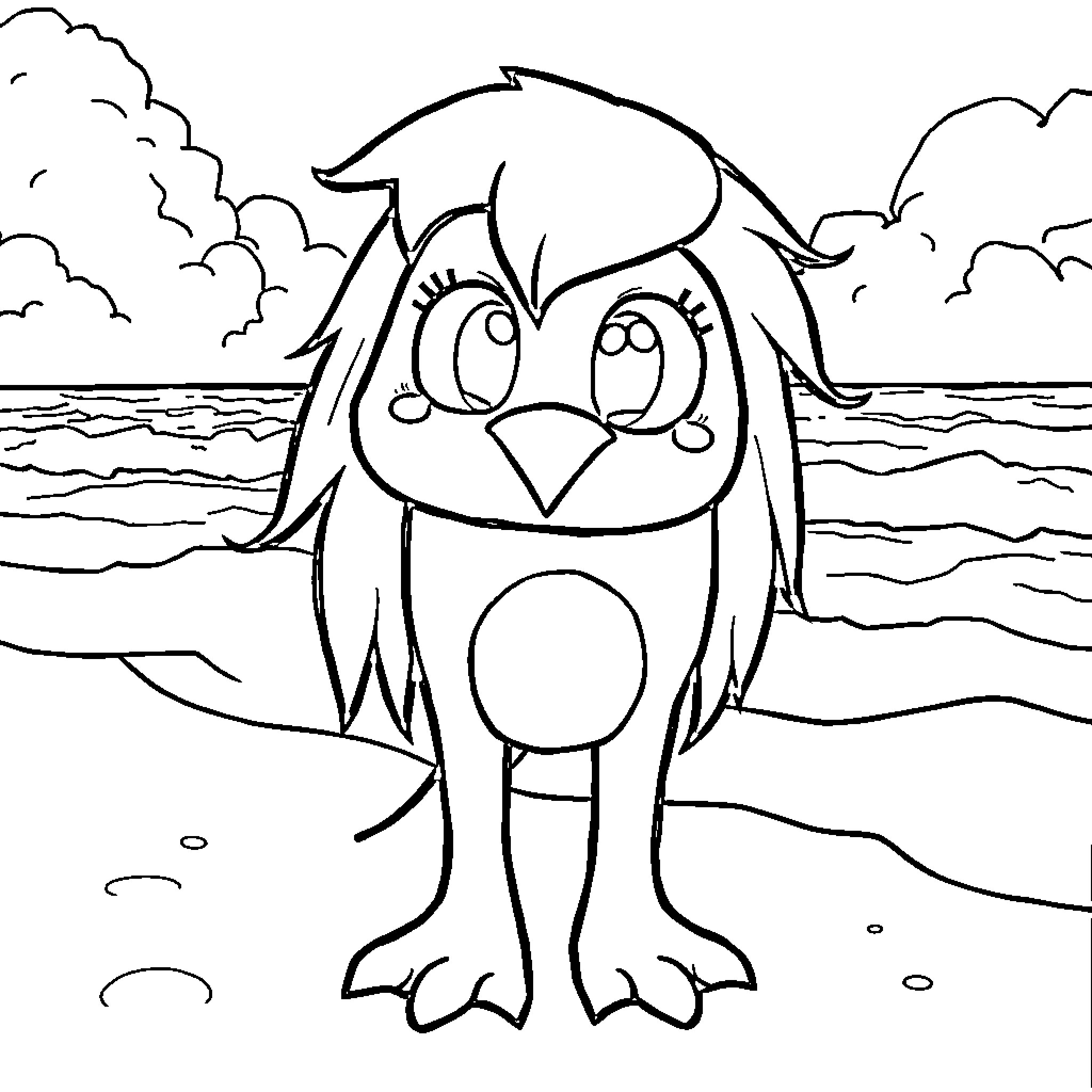 Miotwo Penguin at the Beach Coloring Page (free black-and-white line drawing printable PDF for all, from beginners to advanced learners, including children, teens, adults, and seniors)