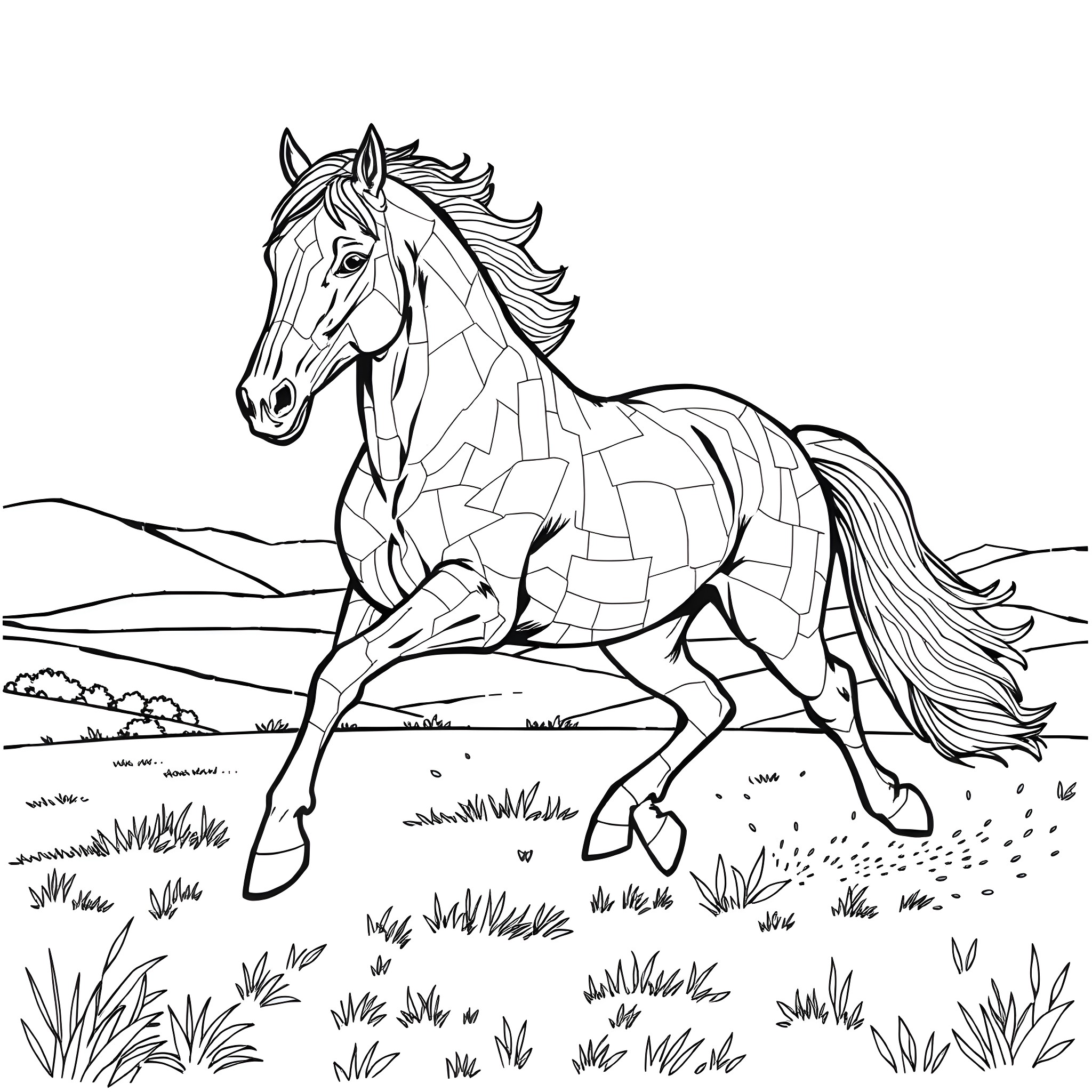 Horse galloping through a meadow Coloring Page (free black-and-white line drawing printable PDF for all, from beginners to advanced learners, including children, teens, adults, and seniors)