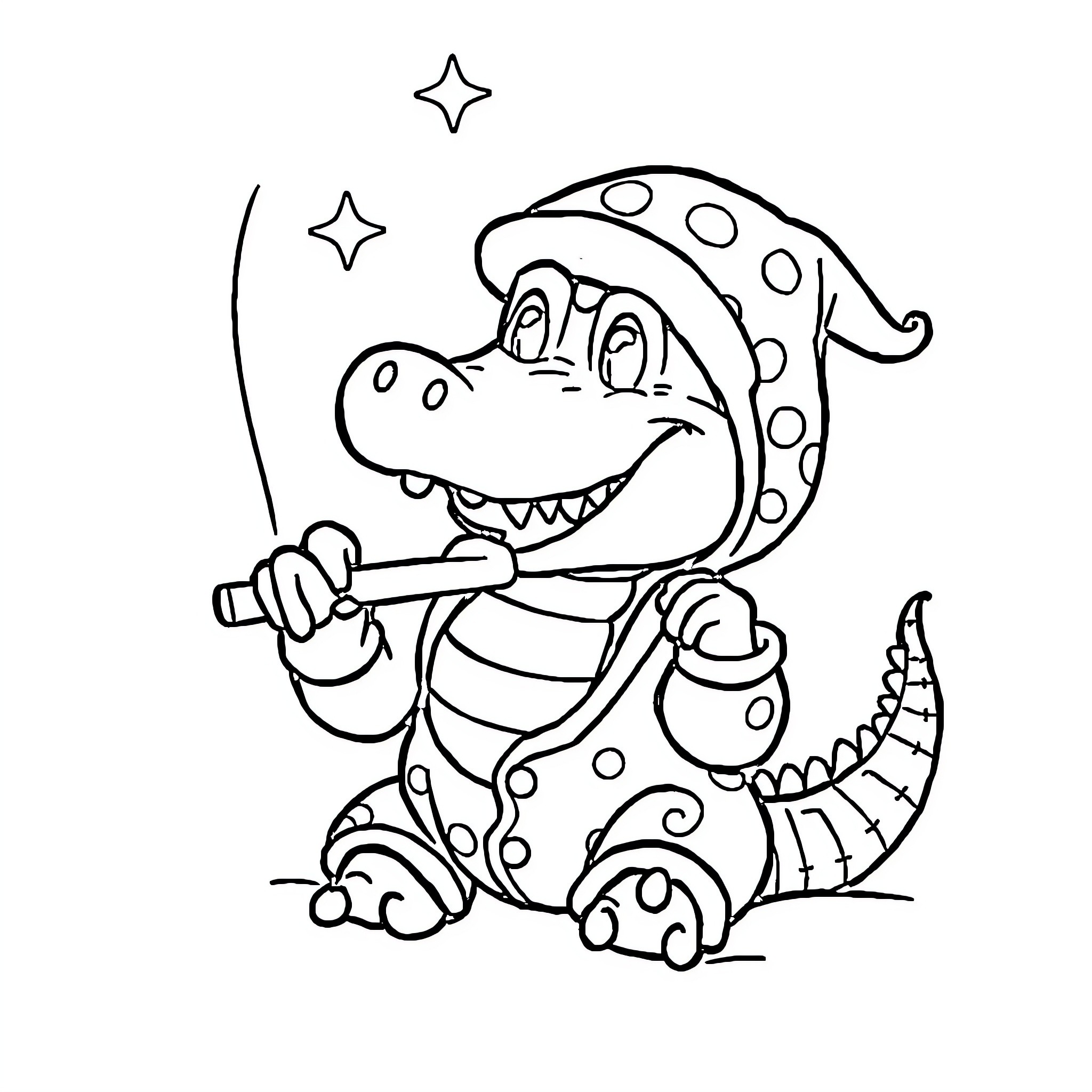 Alligator playing with a wand under the stars Coloring Page (free black-and-white line drawing printable PDF for all, from beginners to advanced learners, including children, teens, adults, and seniors)