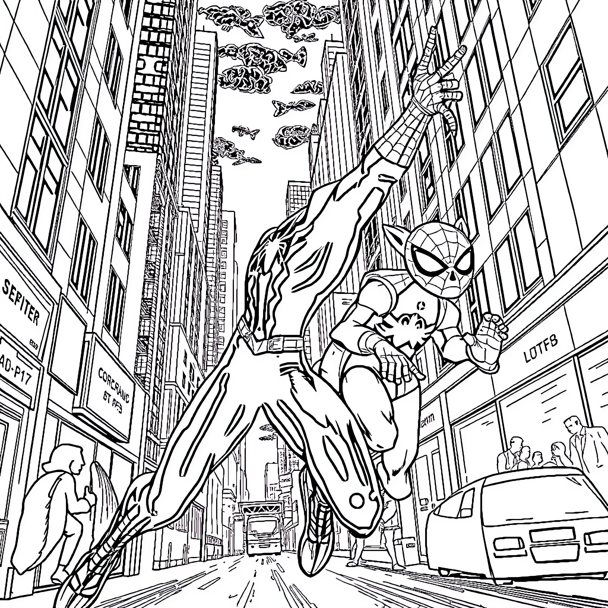 Spiderman swinging through the bustling city streets Coloring Page (free black-and-white line drawing printable PDF for all, from beginners to advanced learners, including children, teens, adults, and seniors)
