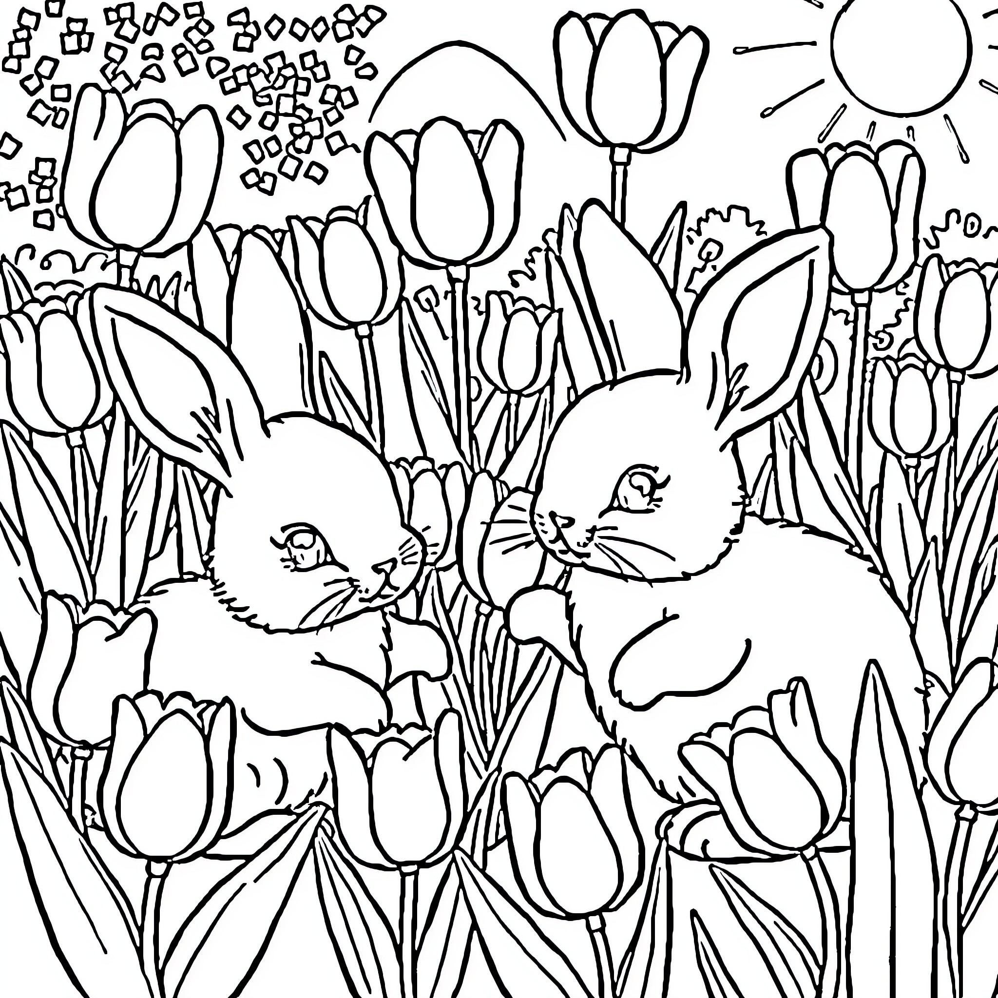 Bunny Exploring a Tulip Garden Coloring Page (free black-and-white line drawing printable PDF for all, from beginners to advanced learners, including children, teens, adults, and seniors)