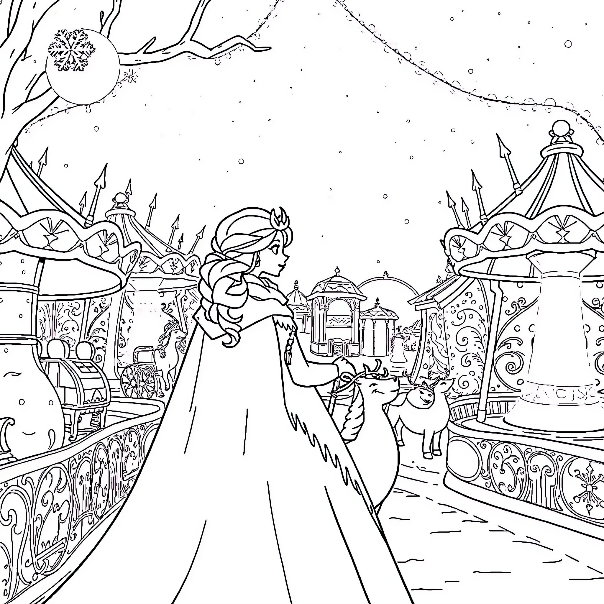 Snow Queen walking in a magical winter wonderland Coloring Page (free black-and-white line drawing printable PDF for all, from beginners to advanced learners, including children, teens, adults, and seniors)