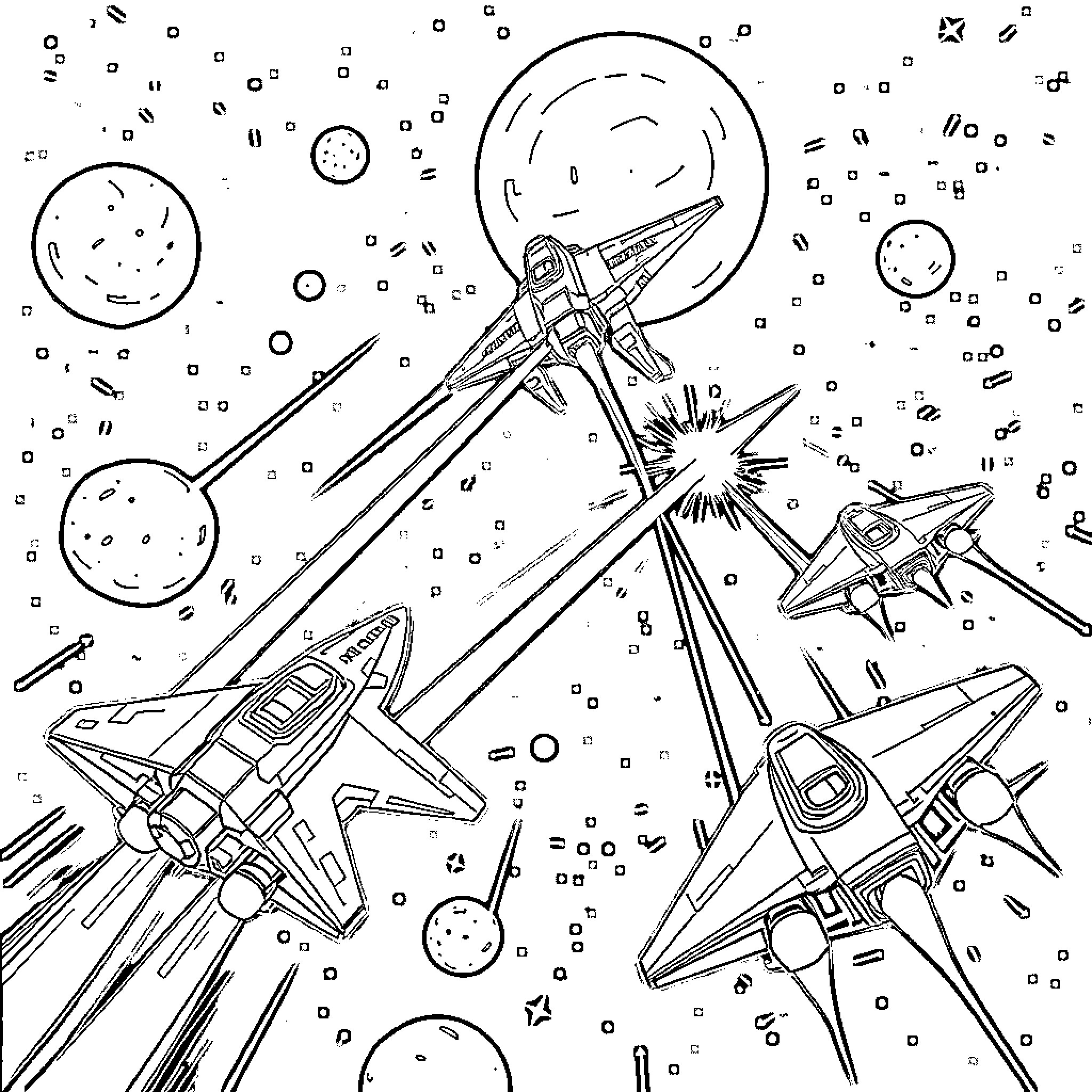 Spaceships in action-packed cosmic scene Coloring Page (free black-and-white line drawing printable PDF for all, from beginners to advanced learners, including children, teens, adults, and seniors)