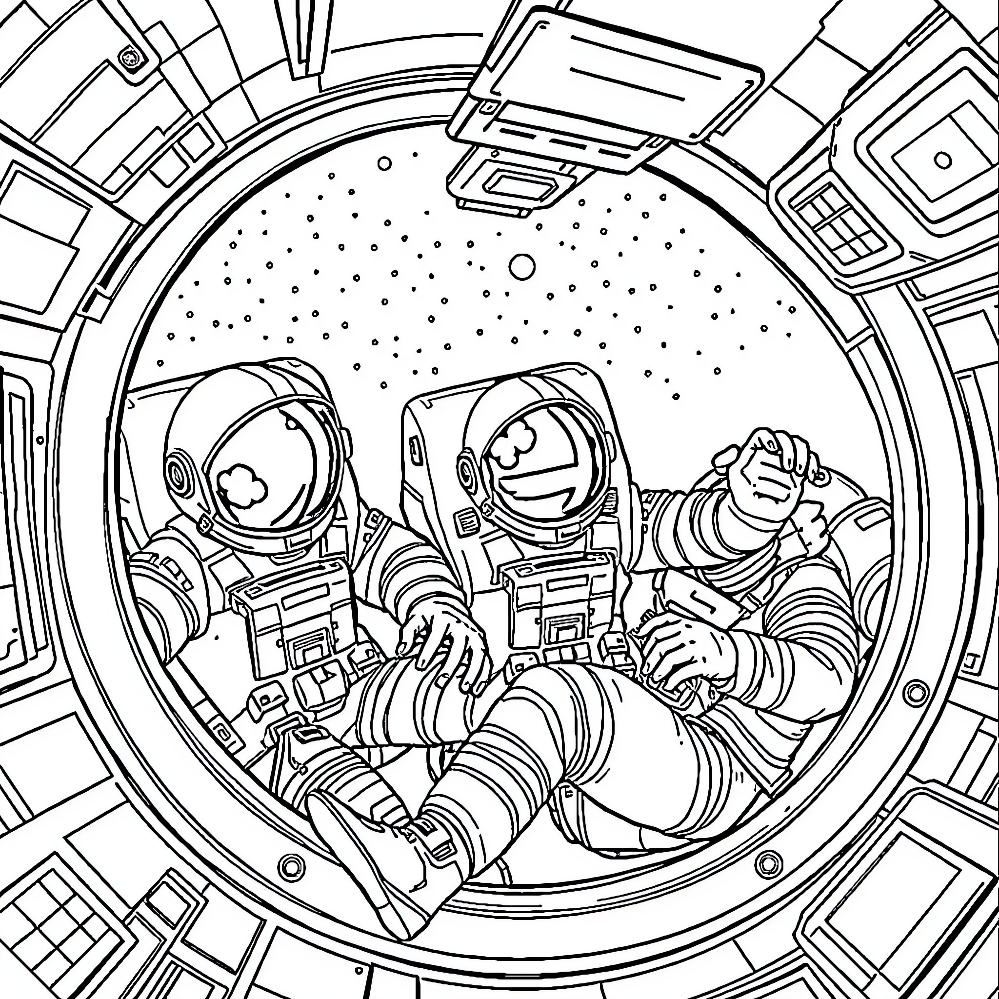 Astronauts floating in space inside spacecraft Coloring Page (free black-and-white line drawing printable PDF for all, from beginners to advanced learners, including children, teens, adults, and seniors)