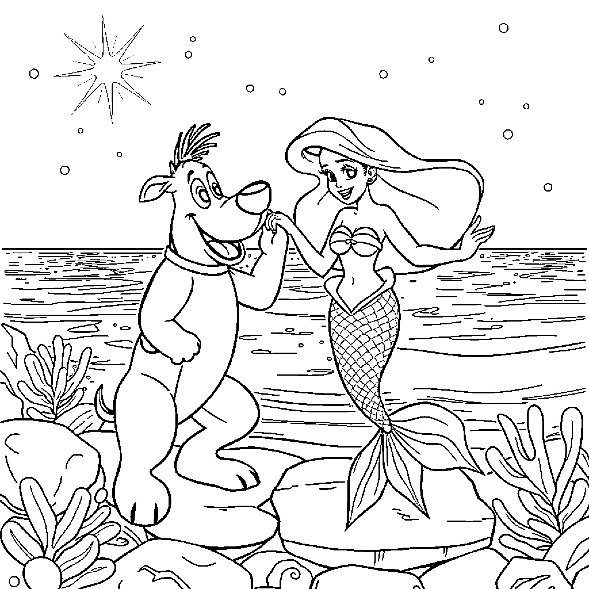 Mermaid and sea creature exploring underwater scenery Coloring Page (free black-and-white line drawing printable PDF for all, from beginners to advanced learners, including children, teens, adults, and seniors)