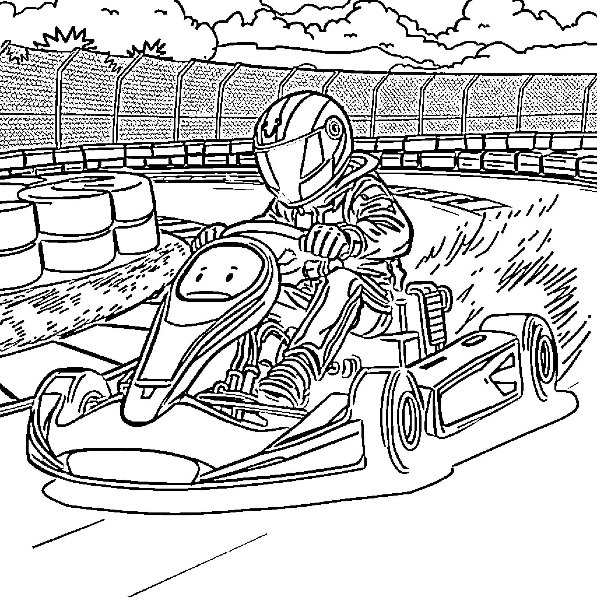 Boy racing a go-kart on a track Coloring Page (free black-and-white line drawing printable PDF for all, from beginners to advanced learners, including children, teens, adults, and seniors)
