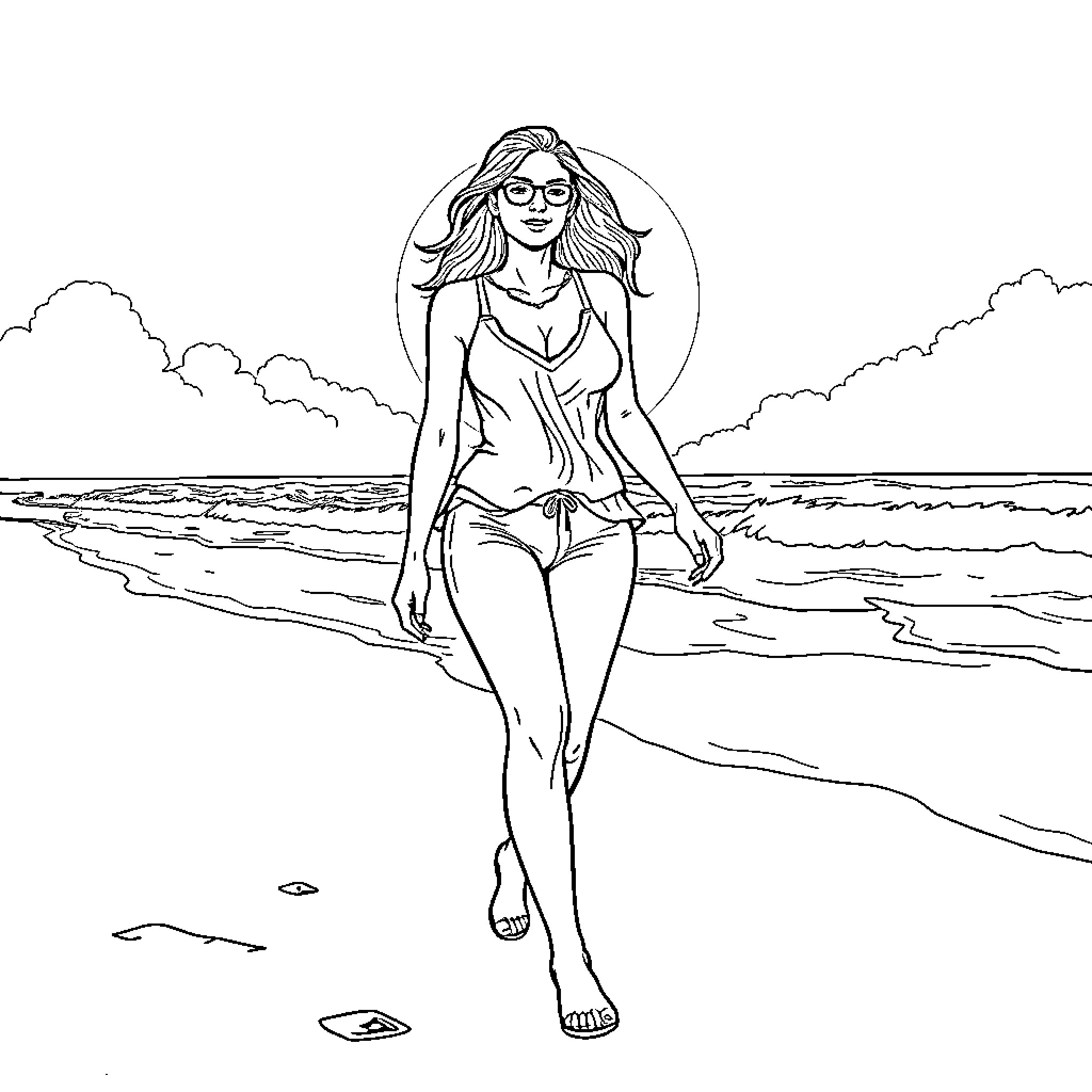 Woman walking confidently along the beach Coloring Page (free black-and-white line drawing printable PDF for all, from beginners to advanced learners, including children, teens, adults, and seniors)