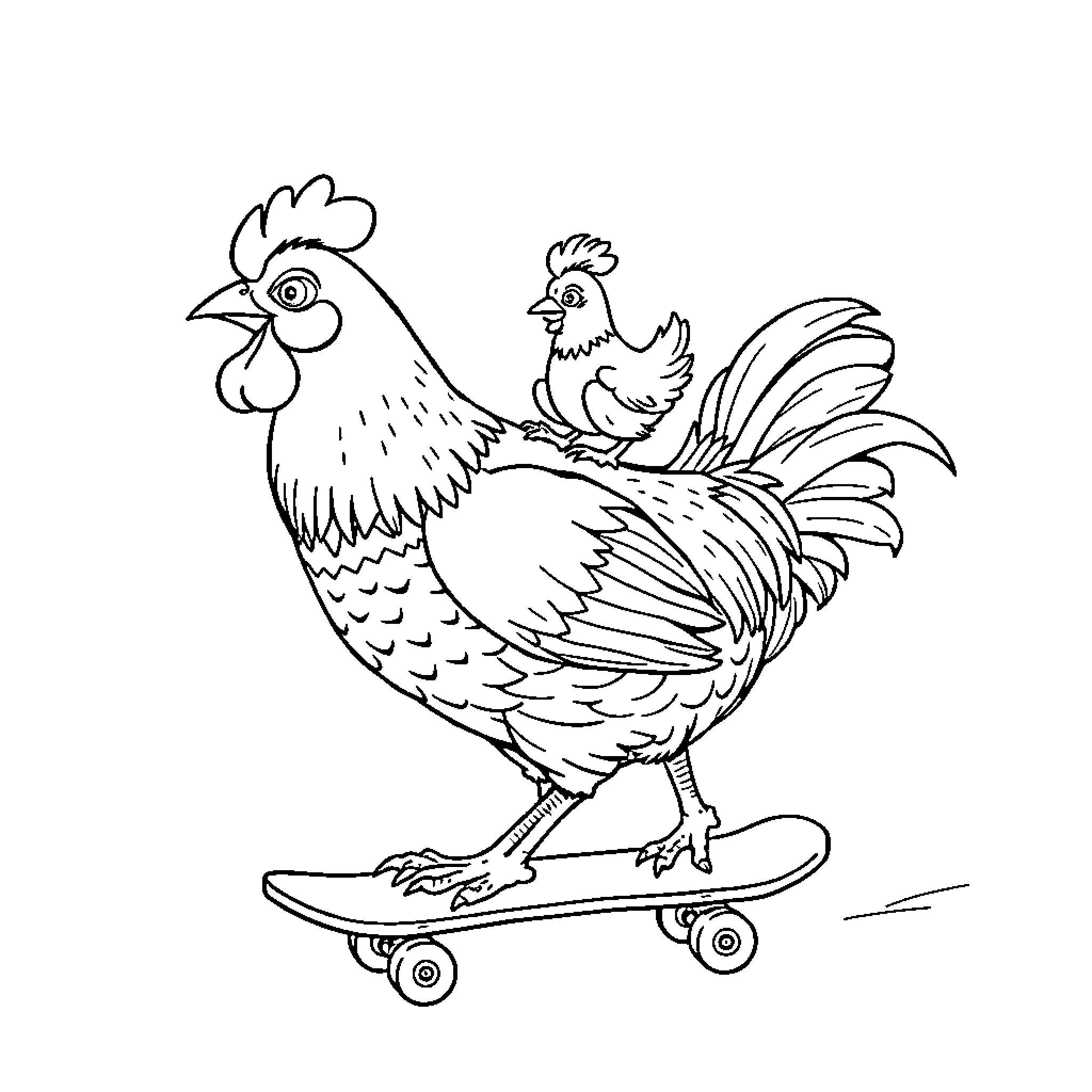 Chicken riding skateboard happily Coloring Page (free black-and-white line drawing printable PDF for all, from beginners to advanced learners, including children, teens, adults, and seniors)