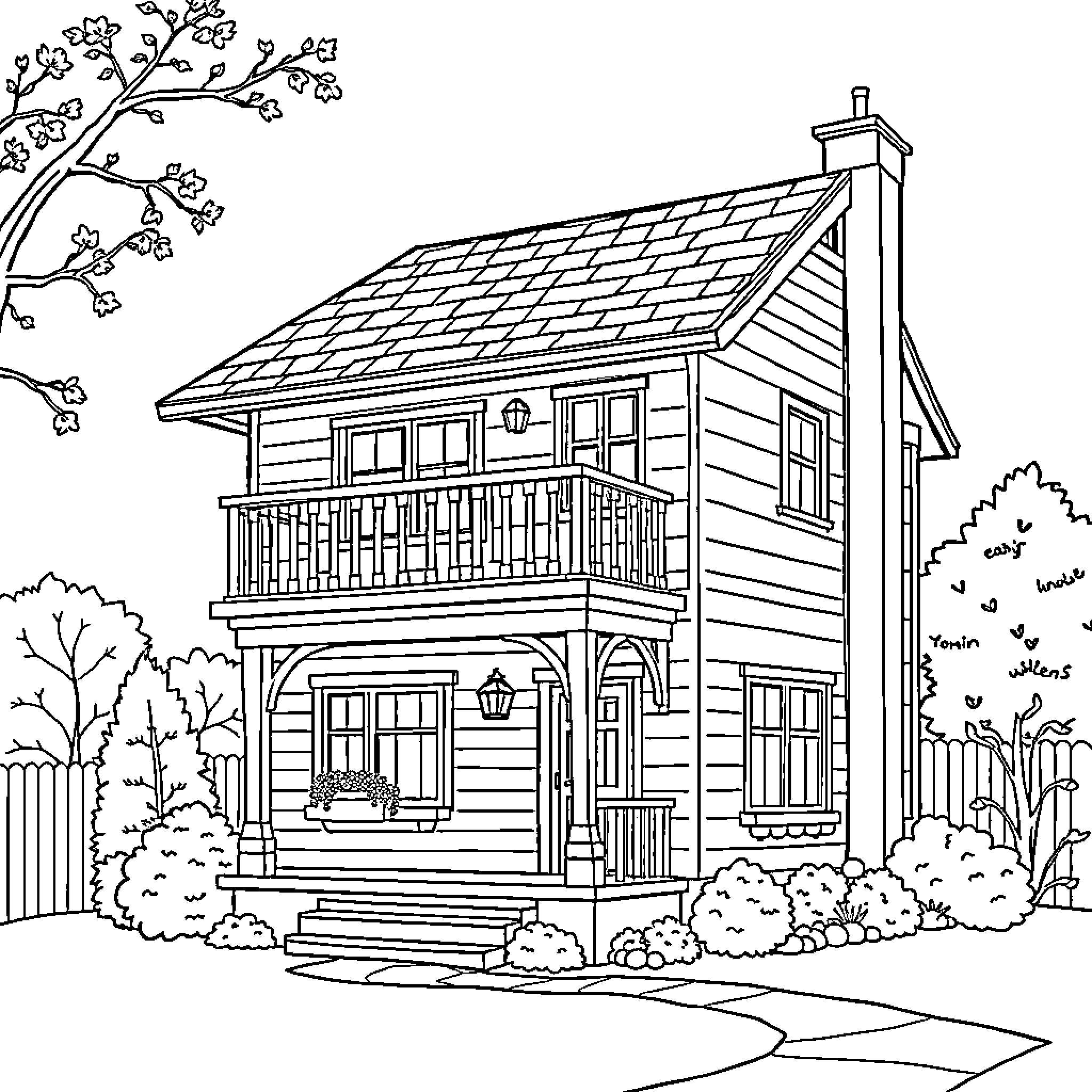 House with balcony and surrounded by trees Coloring Page (free black-and-white line drawing printable PDF for all, from beginners to advanced learners, including children, teens, adults, and seniors)