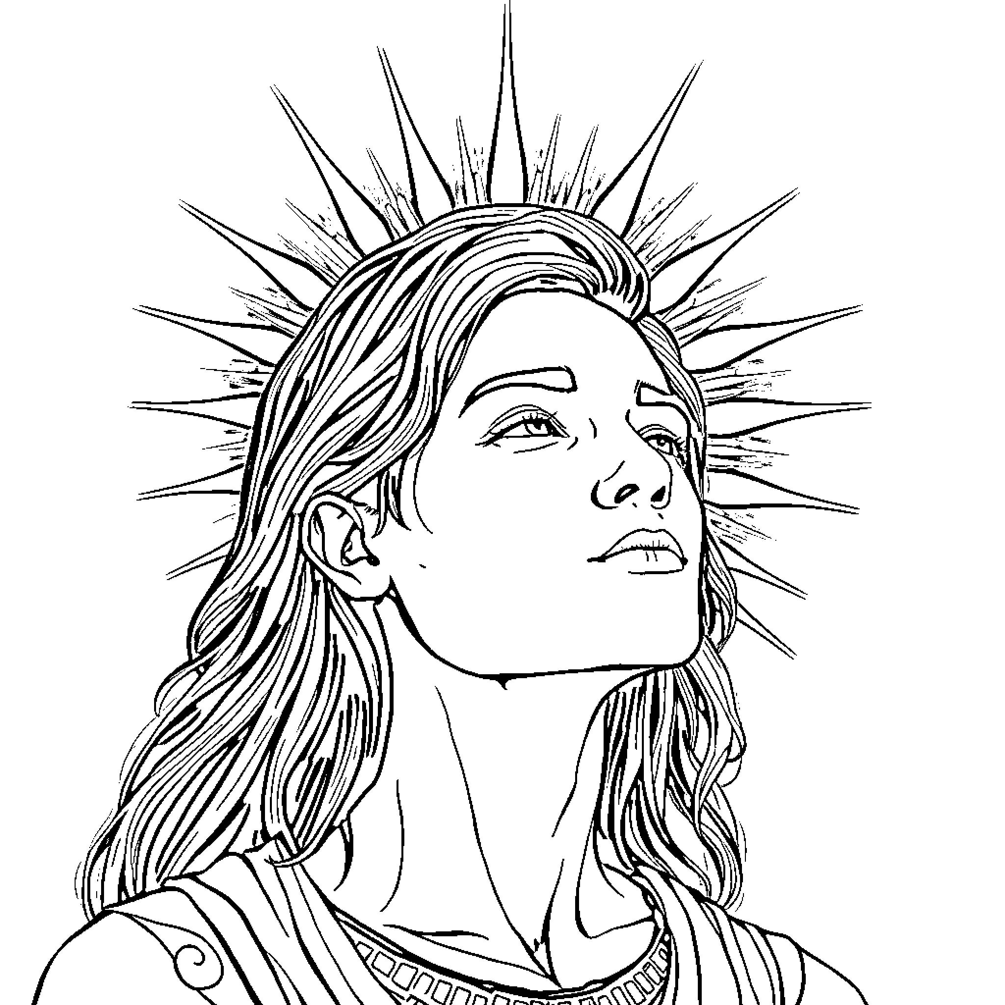 Au'ra with Regal Headpiece and Pensive Expression Coloring Page (free black-and-white line drawing printable PDF for all, from beginners to advanced learners, including children, teens, adults, and seniors)