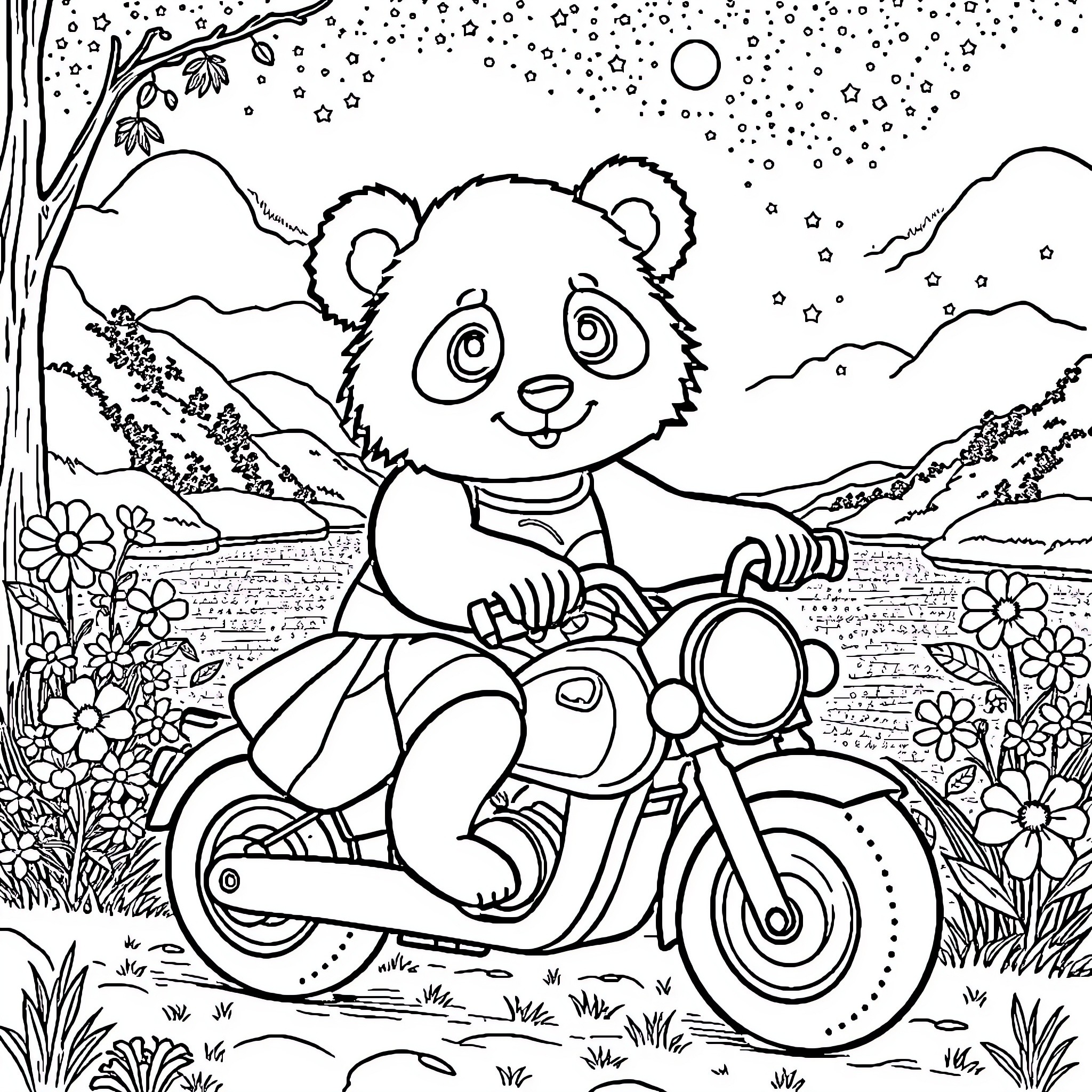 Panda riding a motorcycle in a snowy landscape Coloring Page (free black-and-white line drawing printable PDF for all, from beginners to advanced learners, including children, teens, adults, and seniors)