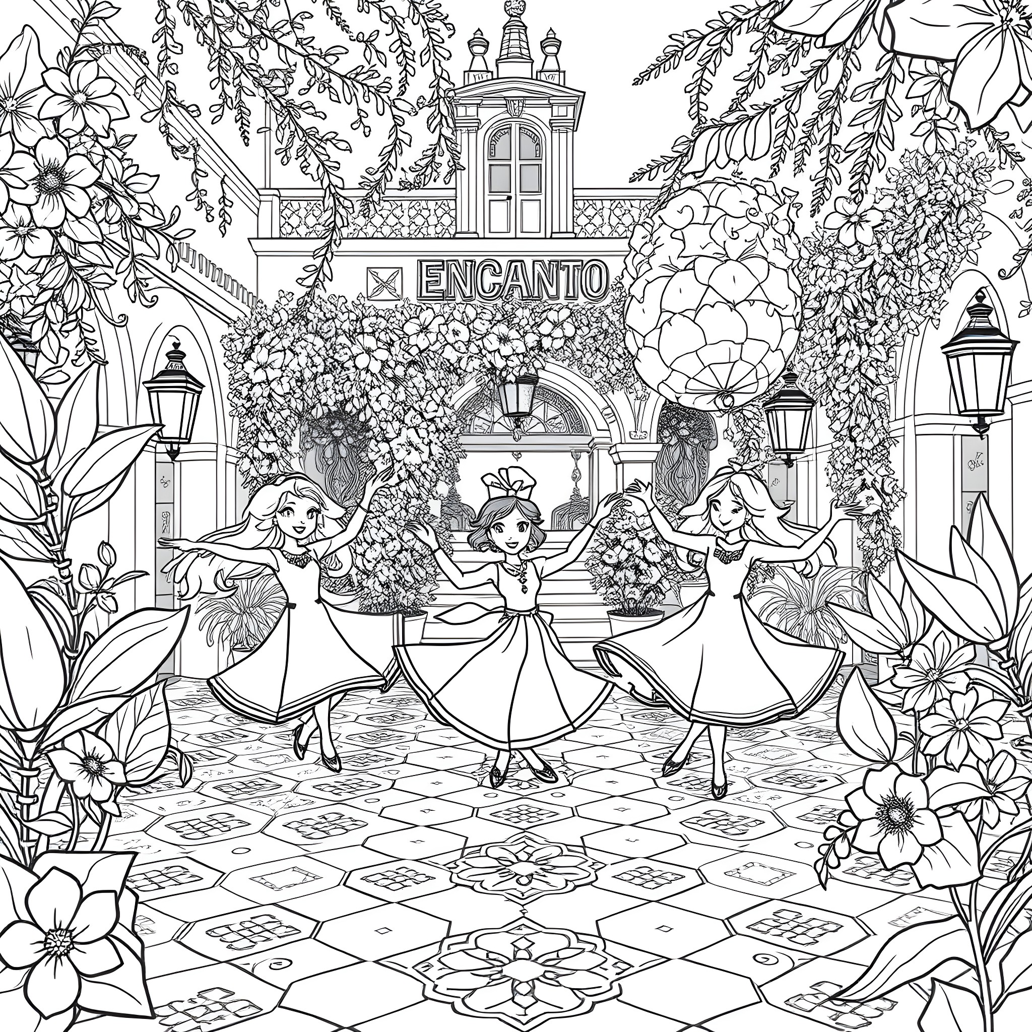 Encanto - Vibrant Celebration with Dancing Figures Coloring Page (free black-and-white line drawing printable PDF for all, from beginners to advanced learners, including children, teens, adults, and seniors)