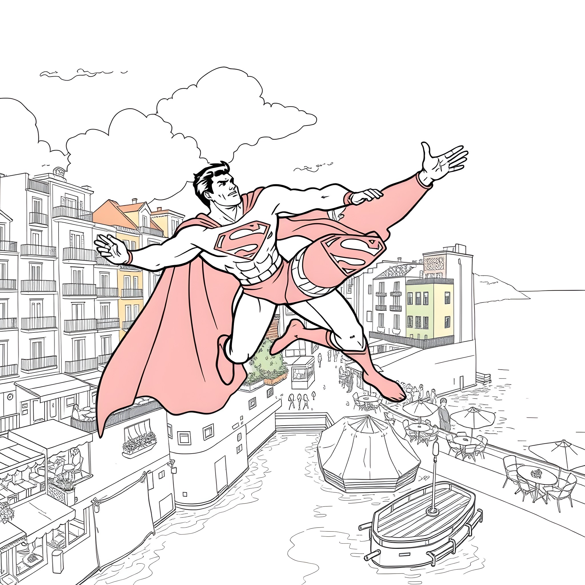 Superman soaring heroically over the city Coloring Page (free black-and-white line drawing printable PDF for all, from beginners to advanced learners, including children, teens, adults, and seniors)