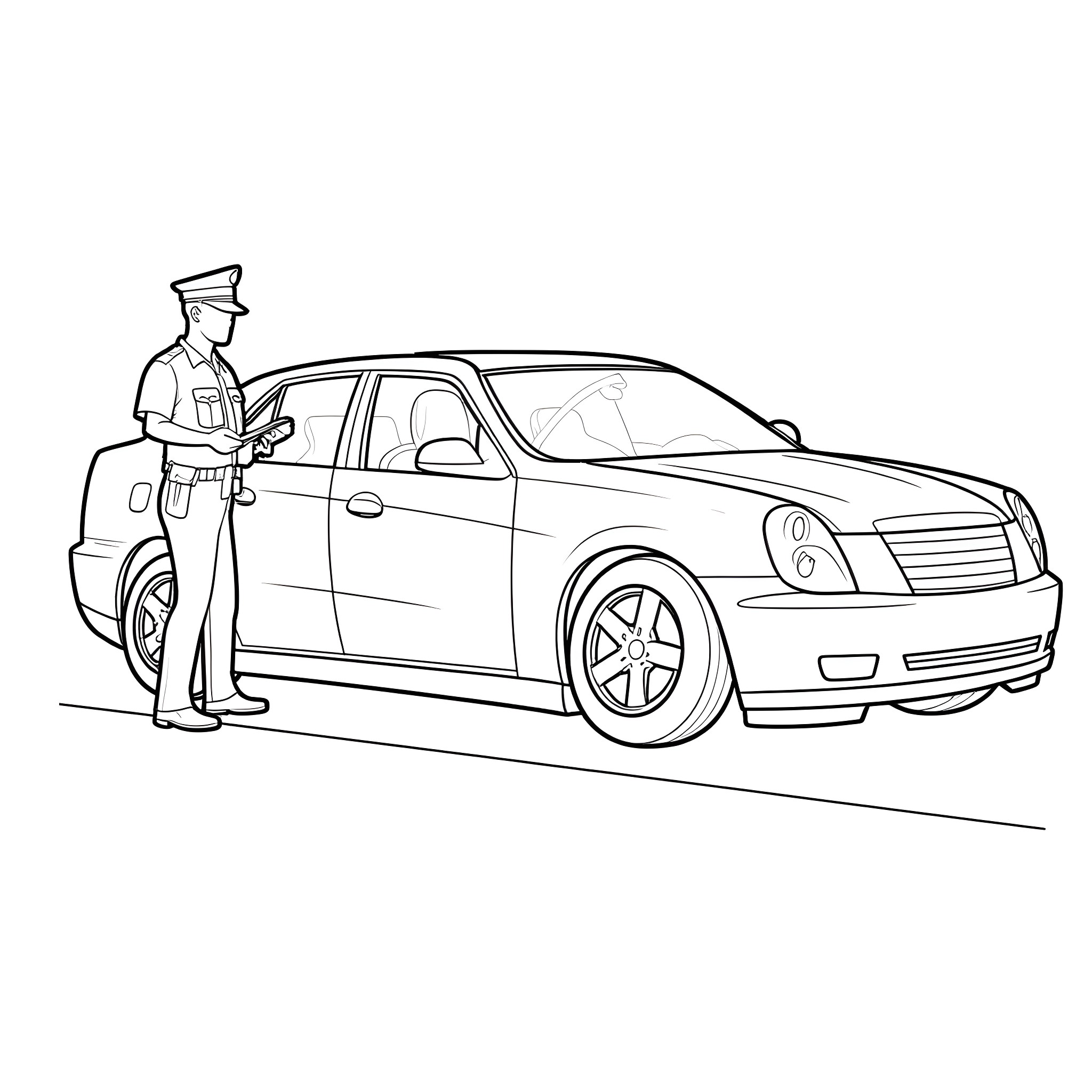 Cop inspecting a vehicle during a traffic stop Coloring Page (free black-and-white line drawing printable PDF for all, from beginners to advanced learners, including children, teens, adults, and seniors)