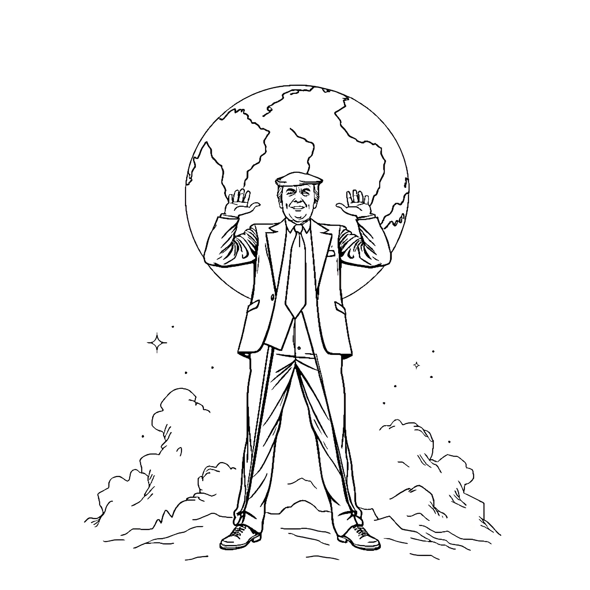 Donald Trump Standing Before a Globe with Outstretched Arms Coloring Page (free black-and-white line drawing printable PDF for all, from beginners to advanced learners, including children, teens, adults, and seniors)