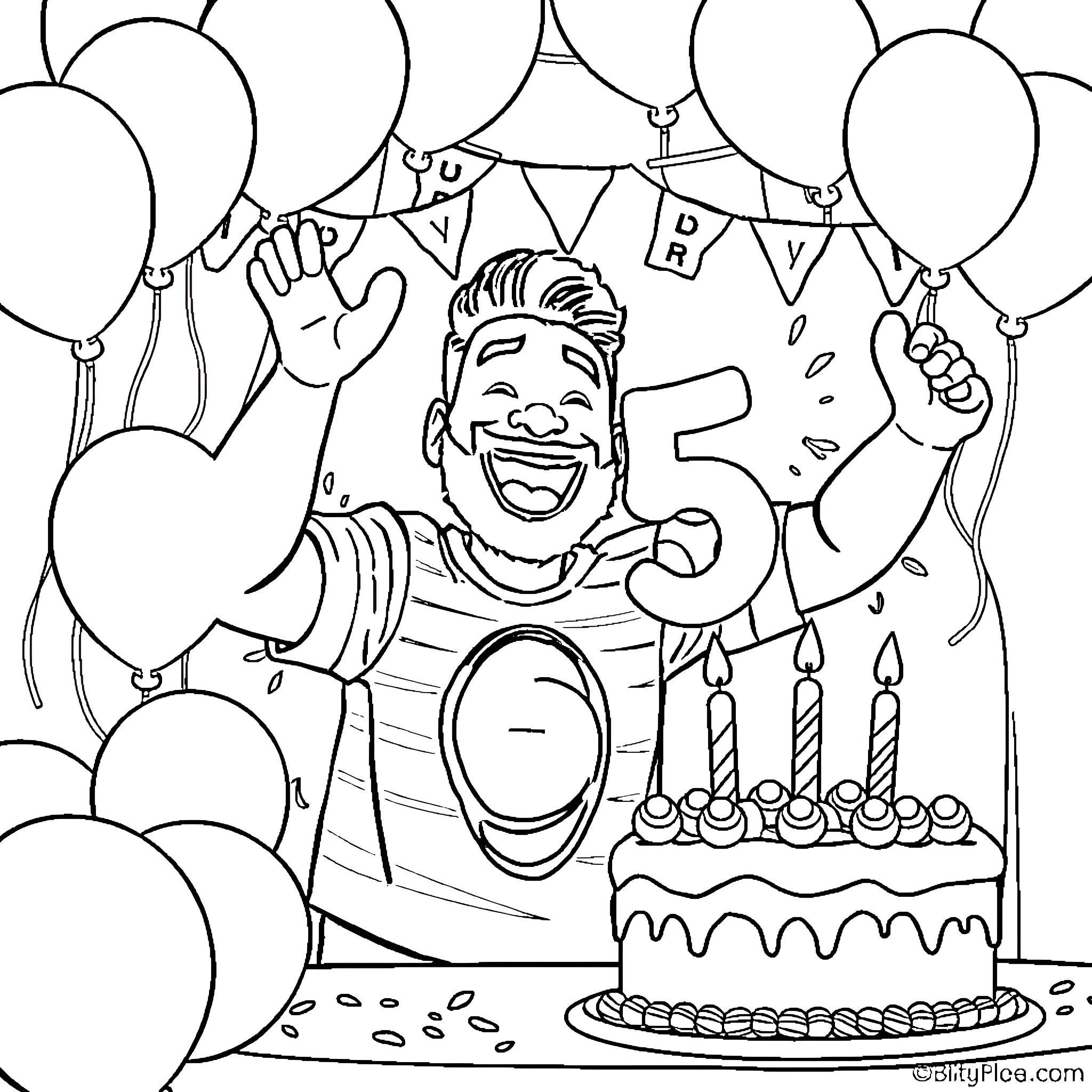 Jey Uso celebrating his 5th birthday with excitement Coloring Page (free black-and-white line drawing printable PDF for all, from beginners to advanced learners, including children, teens, adults, and seniors)
