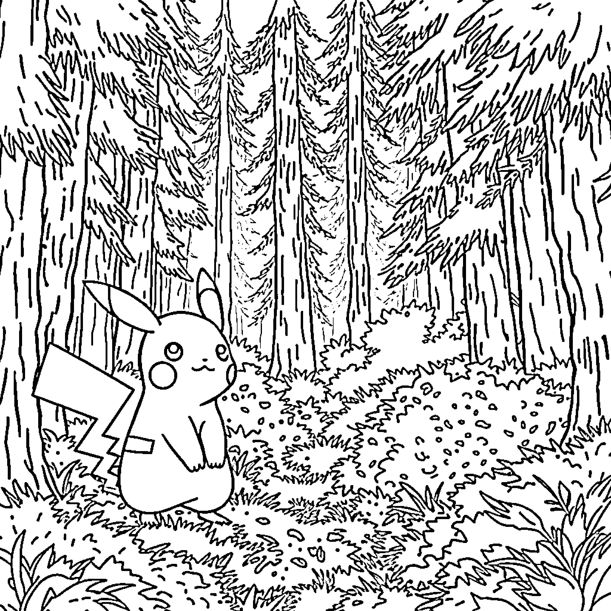 Pikachu enjoying a peaceful forest scenery Coloring Page (free black-and-white line drawing printable PDF for all, from beginners to advanced learners, including children, teens, adults, and seniors)