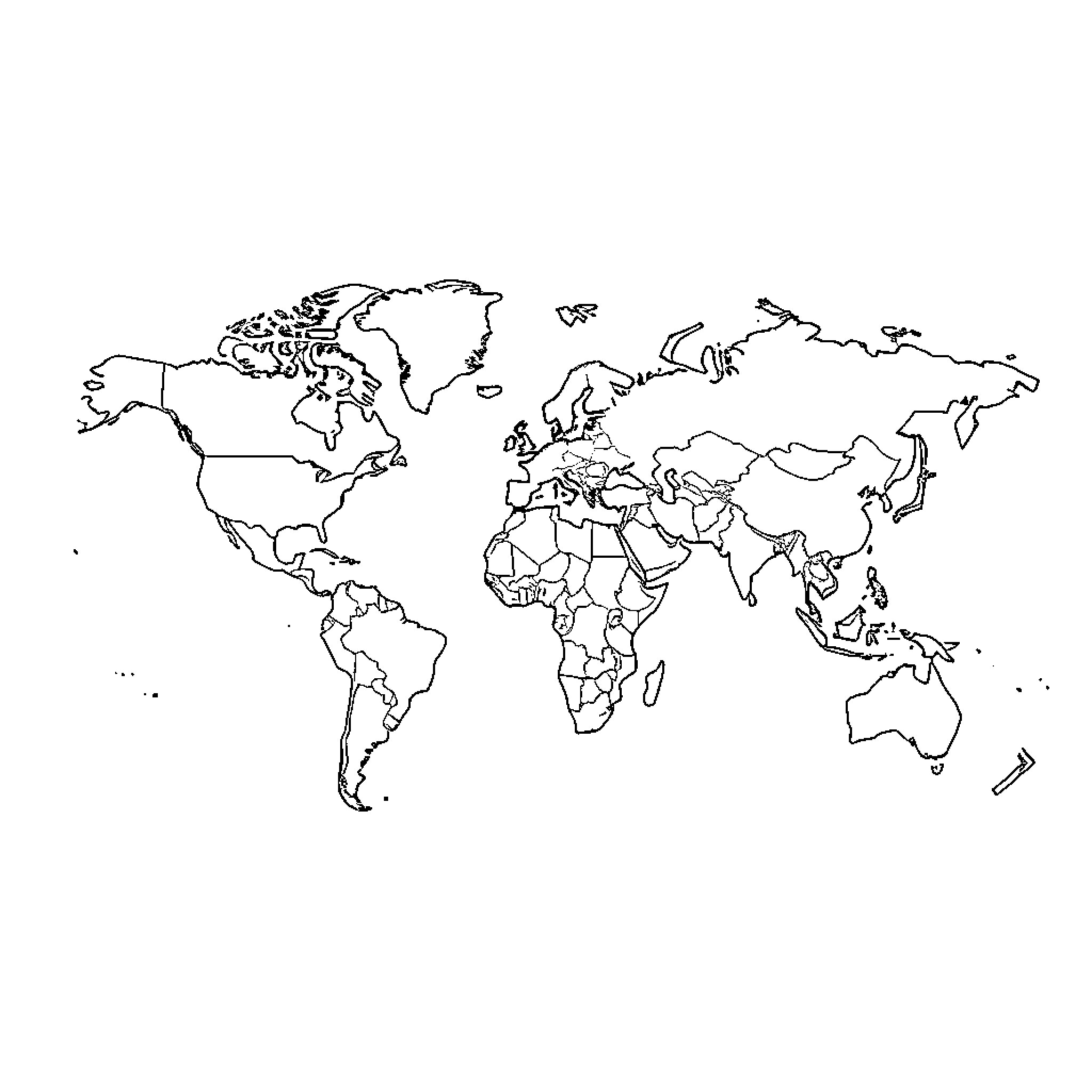 World Map with Simplified Shapes and Outlines Coloring Page (free black-and-white line drawing printable PDF for all, from beginners to advanced learners, including children, teens, adults, and seniors)