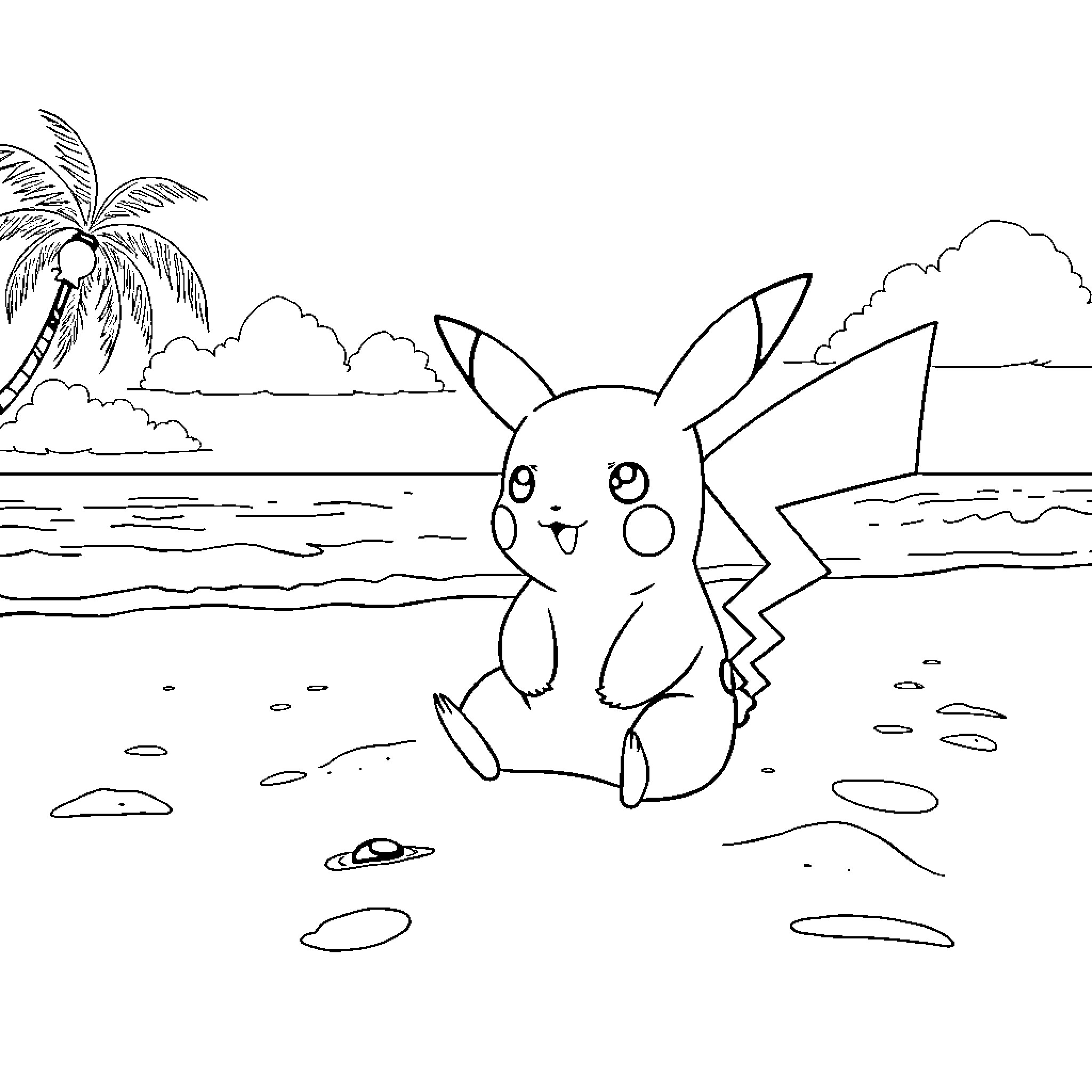 Pikachu enjoying a relaxing day at the beach Coloring Page (free black-and-white line drawing printable PDF for all, from beginners to advanced learners, including children, teens, adults, and seniors)