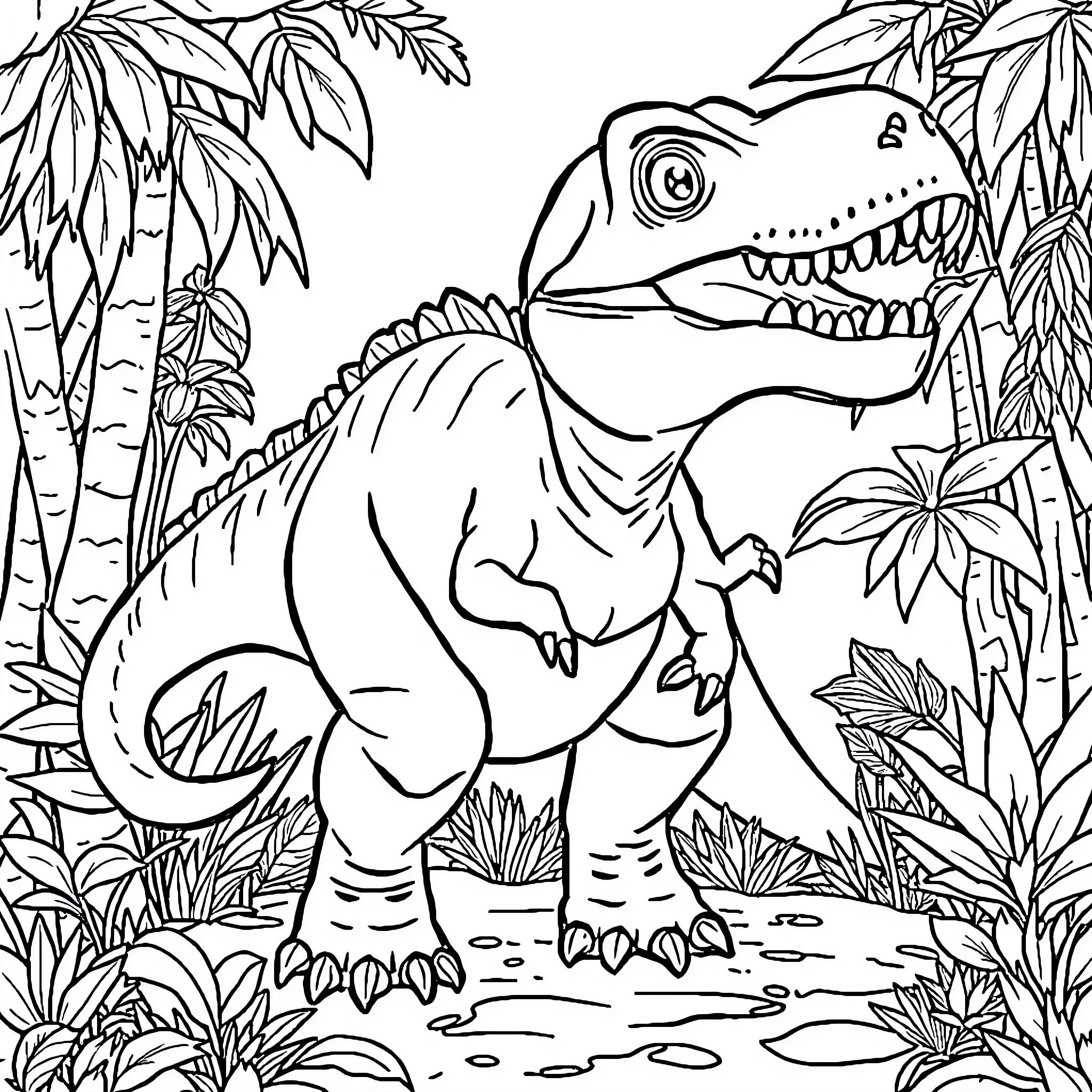 Dino exploring the lush jungle landscape Coloring Page (free black-and-white line drawing printable PDF for all, from beginners to advanced learners, including children, teens, adults, and seniors)
