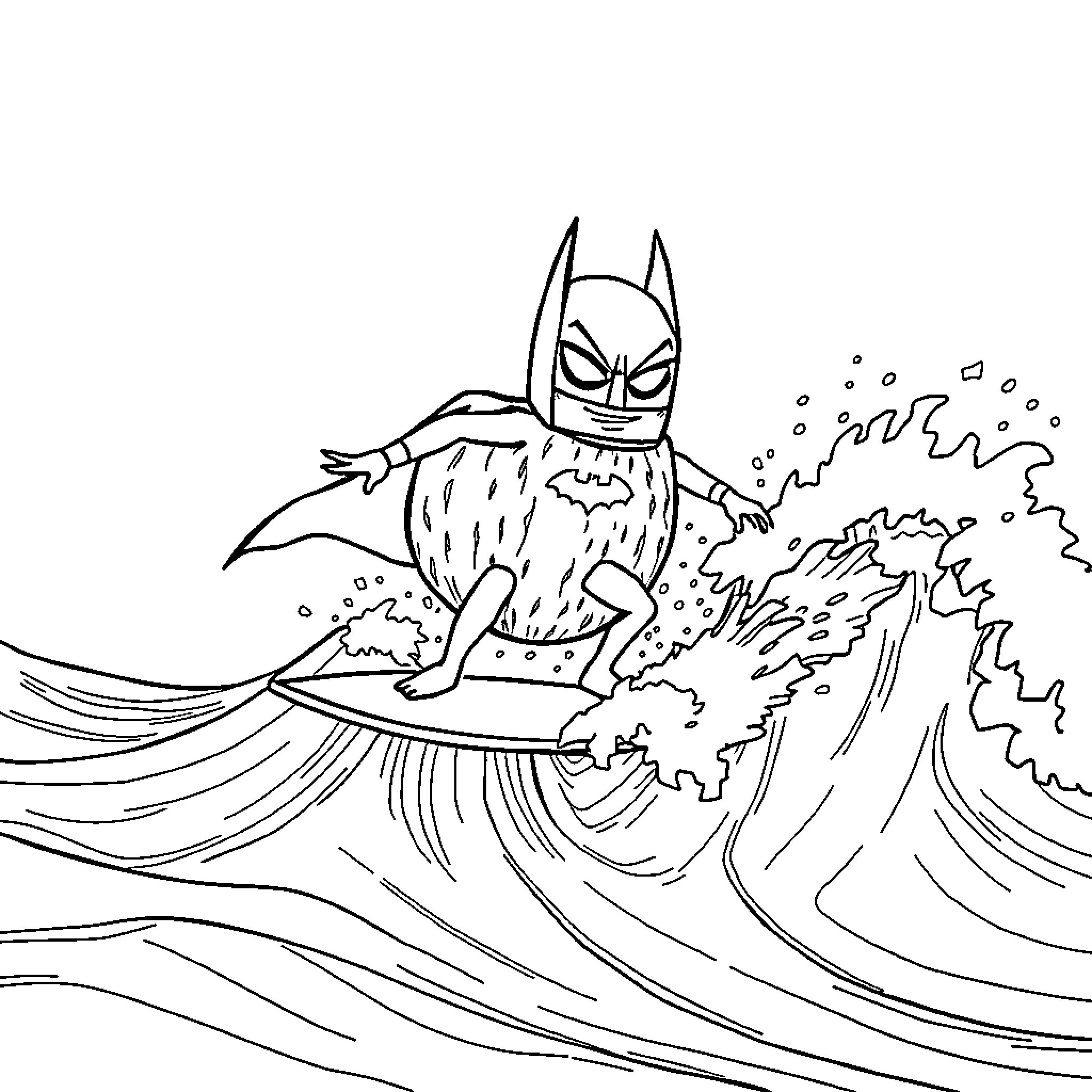 Coconut Superhero Surfs the Waves Coloring Page (free black-and-white line drawing printable PDF for all, from beginners to advanced learners, including children, teens, adults, and seniors)
