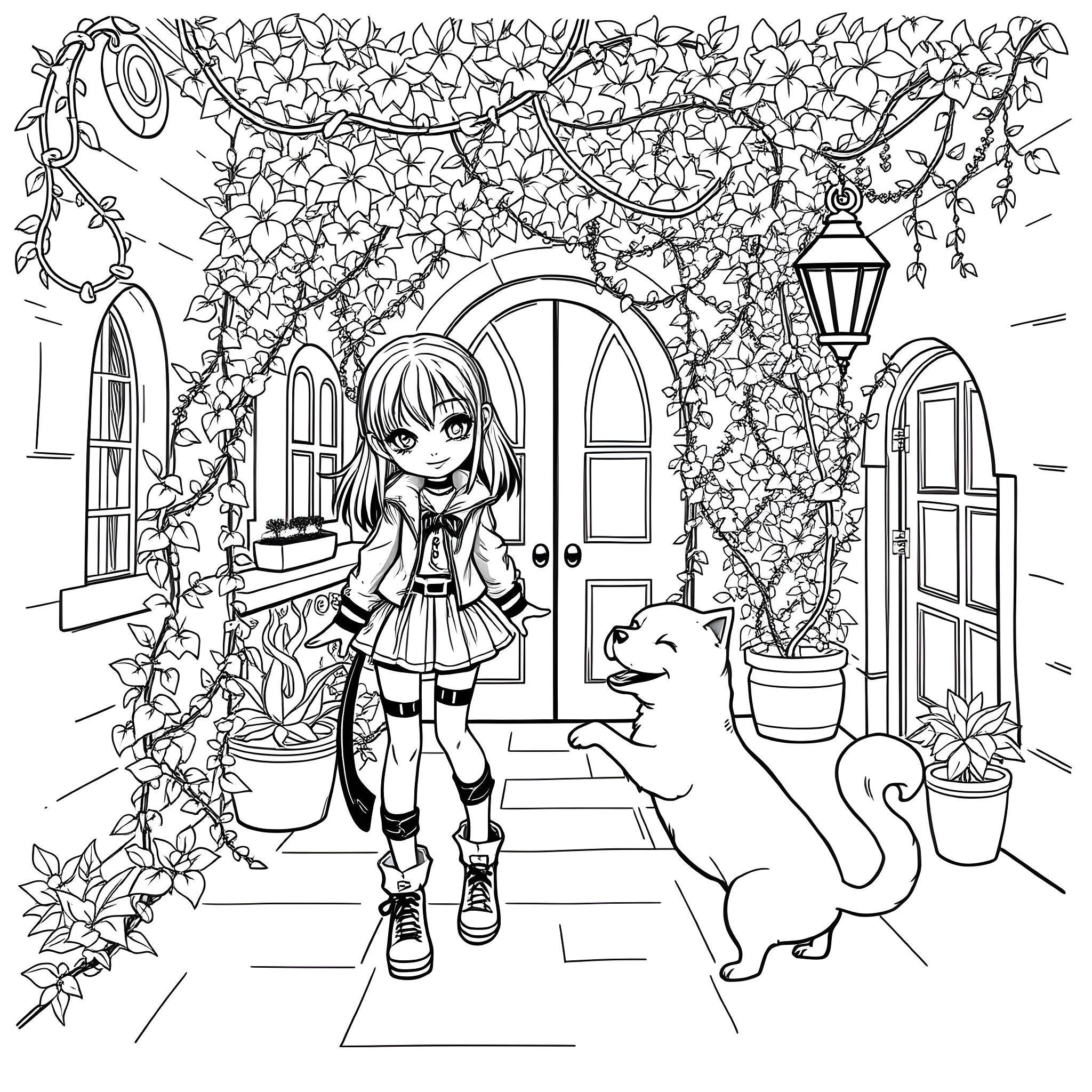Girl with pet cat in a floral doorway Coloring Page (free black-and-white line drawing printable PDF for all, from beginners to advanced learners, including children, teens, adults, and seniors)