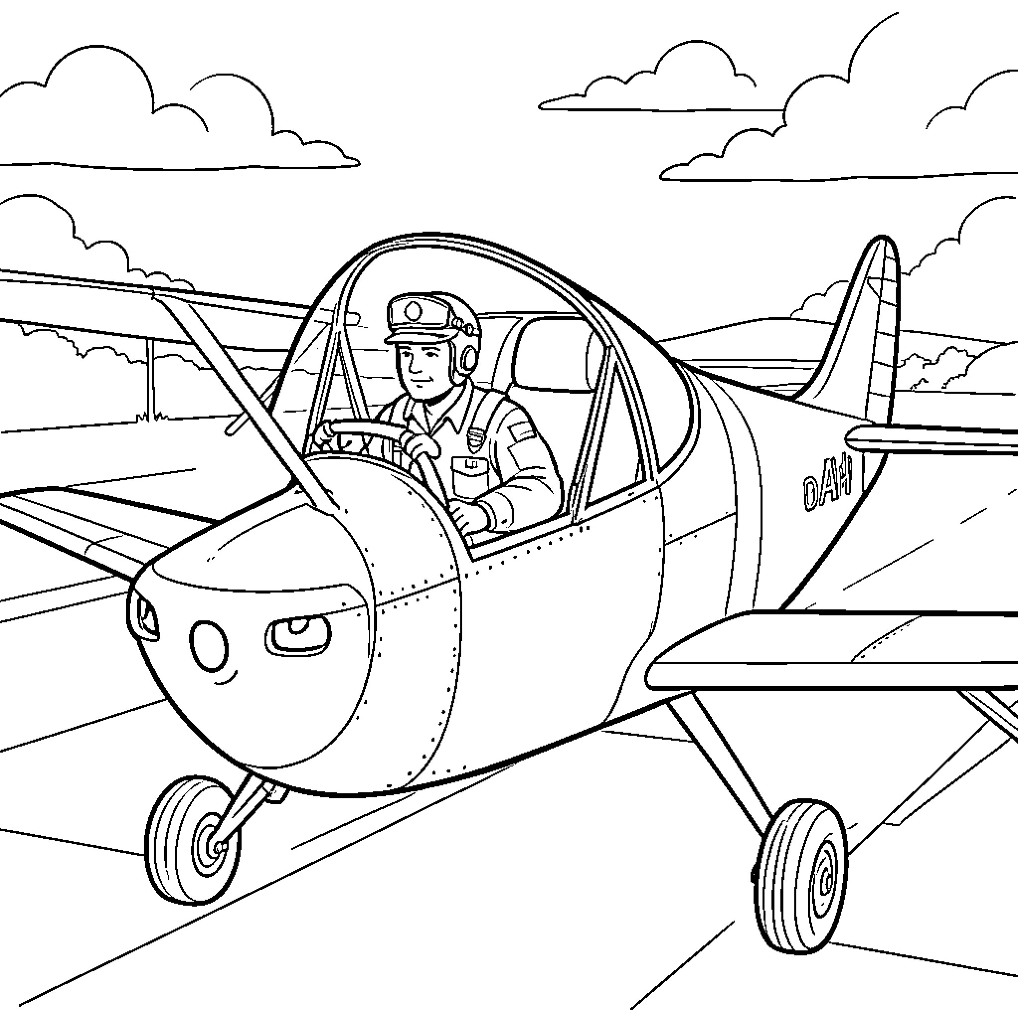 Pilot smiling while operating a small propeller airplane Coloring Page (free black-and-white line drawing printable PDF for all, from beginners to advanced learners, including children, teens, adults, and seniors)